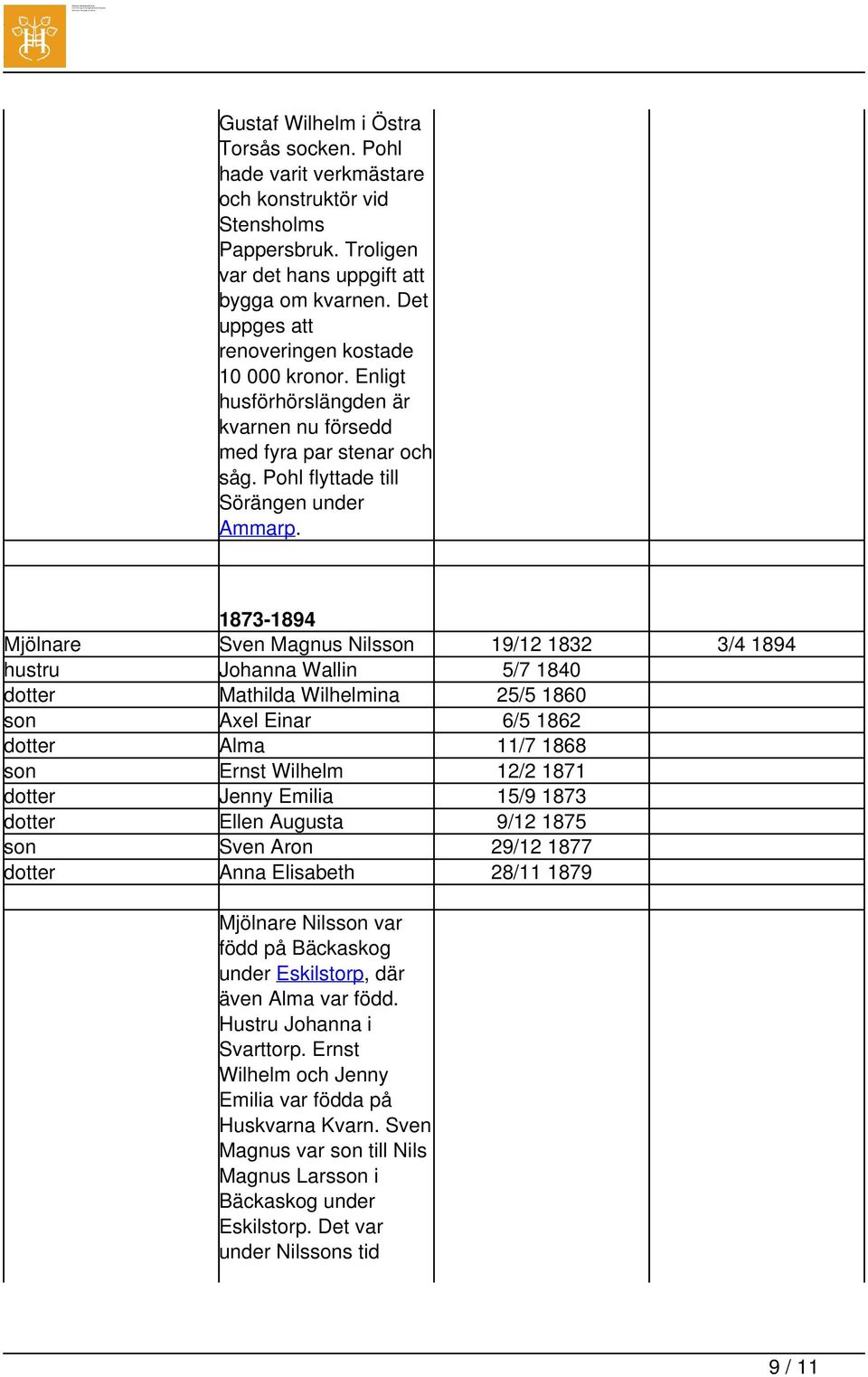 1873-1894 Mjölnare Sven Magnus Nilsson 19/12 1832 3/4 1894 hustru Johanna Wallin 5/7 1840 dotter Mathilda Wilhelmina 25/5 1860 son Axel Einar 6/5 1862 dotter Alma 11/7 1868 son Ernst Wilhelm 12/2