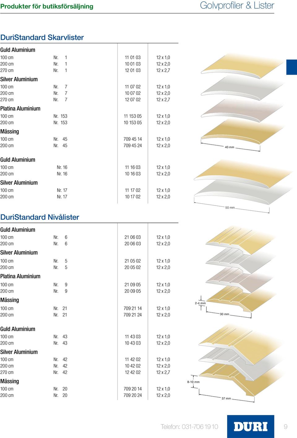 153 10 153 05 12 x 2,0 Mässing 100 cm Nr. 45 709 45 14 12 x 1,0 200 cm Nr. 45 709 45 24 12 x 2,0 40 mm Guld Aluminium 100 cm Nr. 16 11 16 03 12 x 1,0 200 cm Nr.