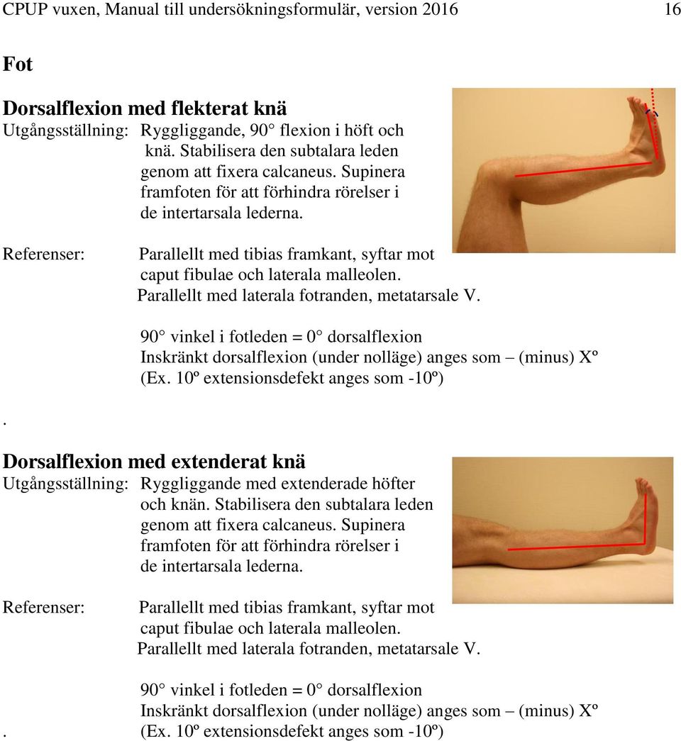 Referenser: Parallellt med tibias framkant, syftar mot caput fibulae och laterala malleolen. Parallellt med laterala fotranden, metatarsale V.