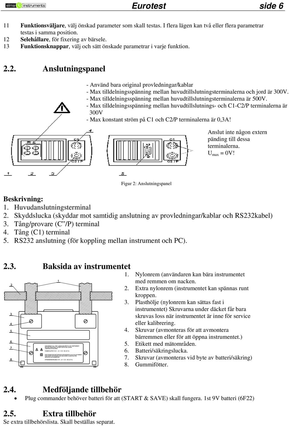 2. Anslutningspanel - Använd bara original provledningar/kablar - Max tilldelningsspänning mellan huvudtillslutningsterminalerna och jord är 300V.