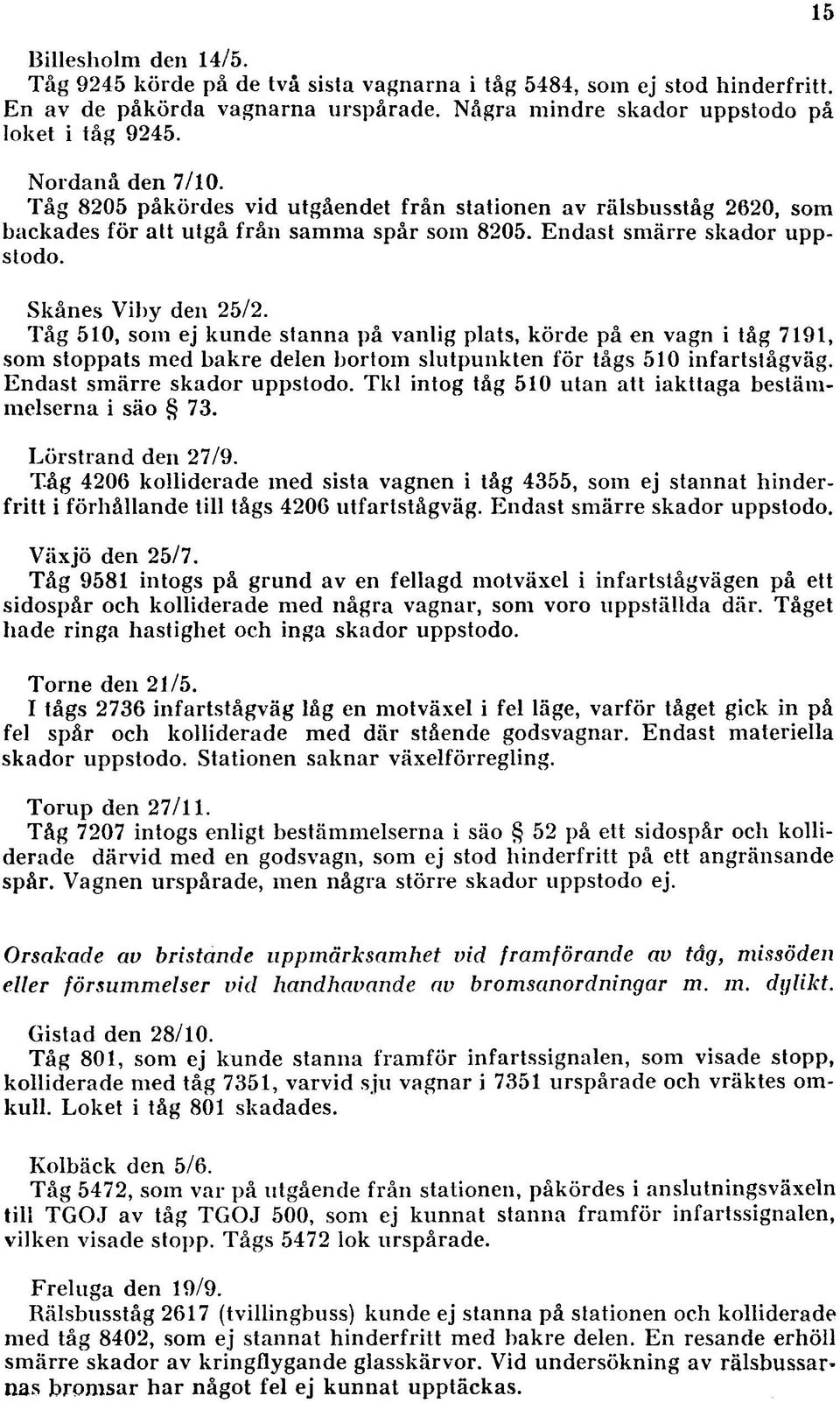 Tåg 510, som ej kunde stanna på vanlig plats, körde på en vagn i tåg 7191, som stoppats med bakre delen bortom slutpunkten för tågs 510 infartstågväg. Endast sm ärre skador uppstodo.