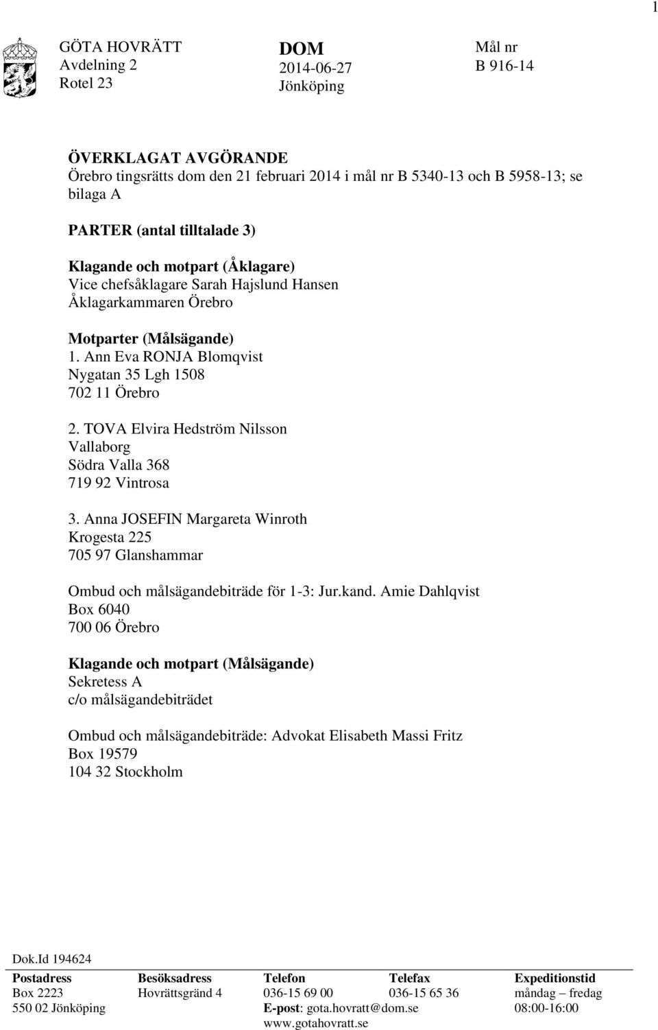 TOVA Elvira Hedström Nilsson Vallaborg Södra Valla 368 719 92 Vintrosa 3. Anna JOSEFIN Margareta Winroth Krogesta 225 705 97 Glanshammar Ombud och målsägandebiträde för 1-3: Jur.kand.