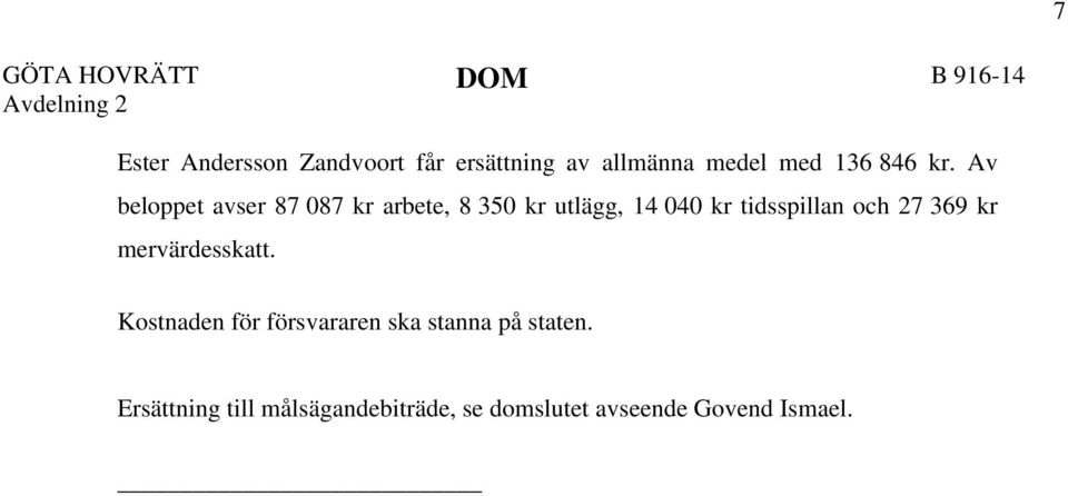 Av beloppet avser 87 087 kr arbete, 8 350 kr utlägg, 14 040 kr tidsspillan och 27