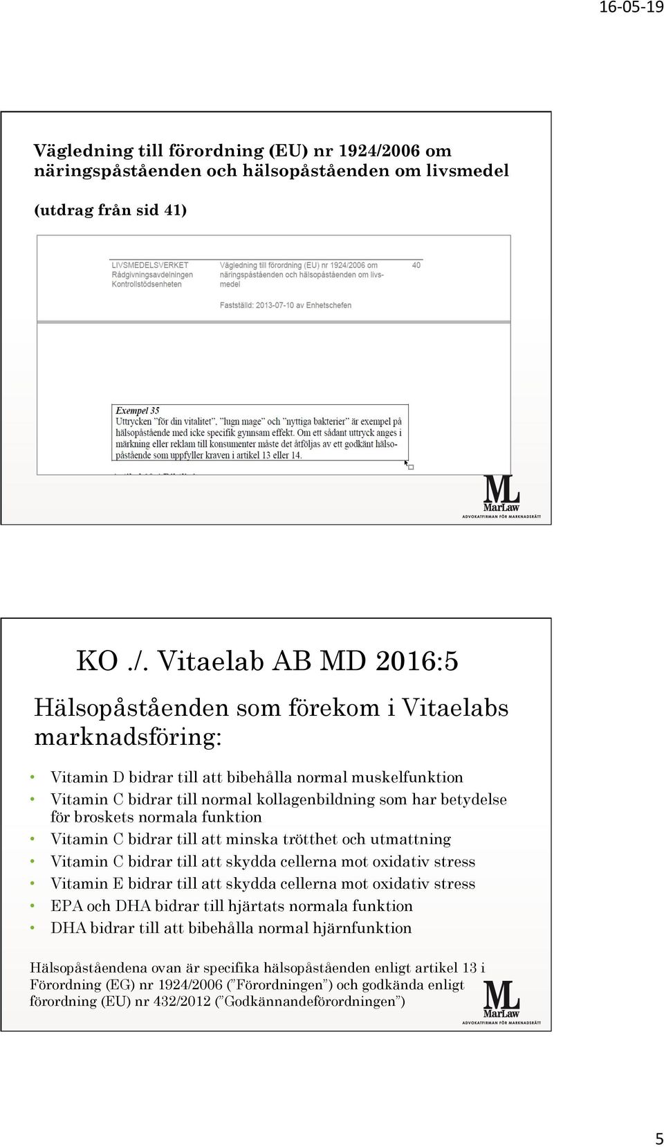 Vitaelab AB MD 2016:5 Hälsopåståenden som förekom i Vitaelabs marknadsföring: Vitamin D bidrar till att bibehålla normal muskelfunktion Vitamin C bidrar till normal kollagenbildning som har betydelse