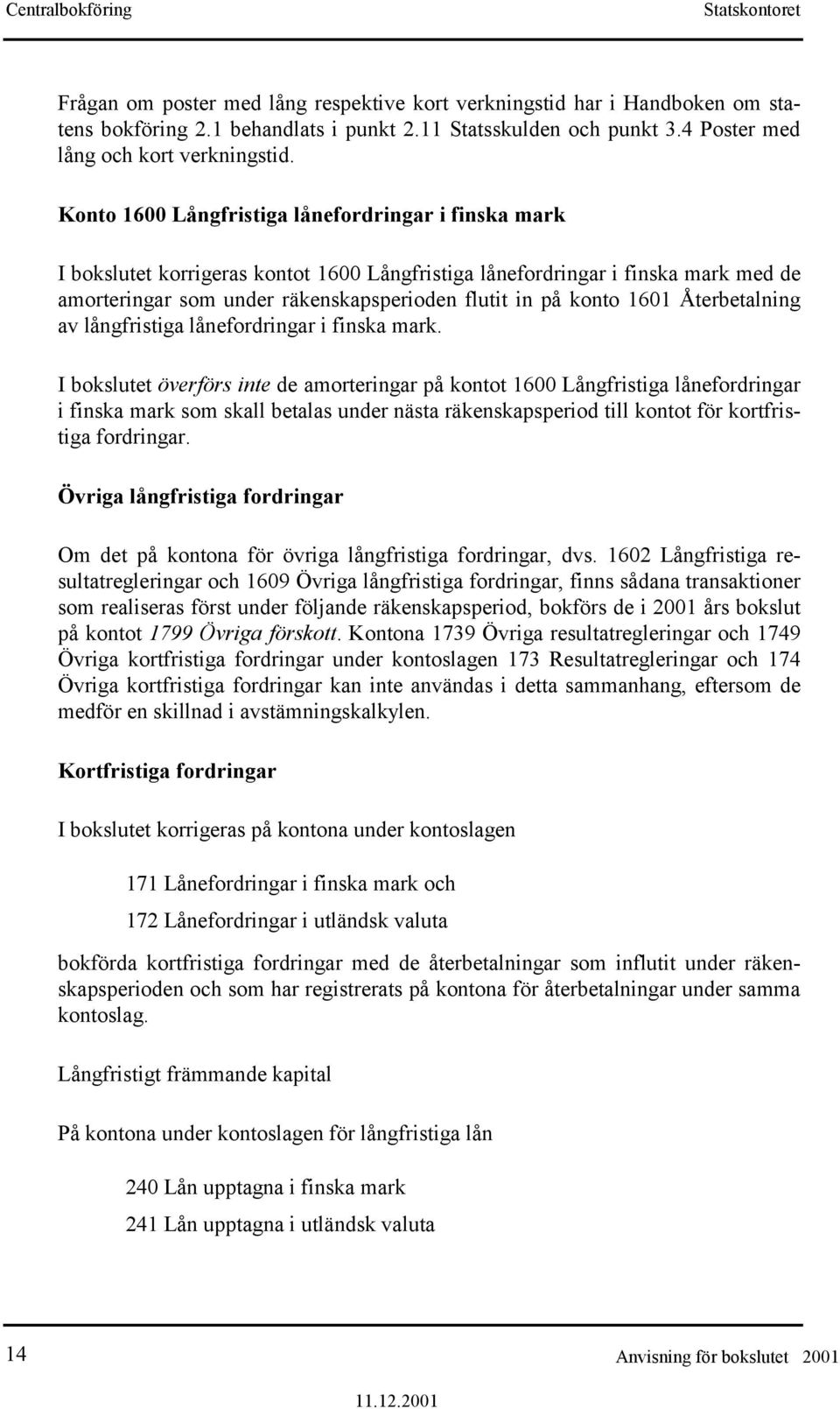 1601 Återbetalning av långfristiga lånefordringar i finska mark.