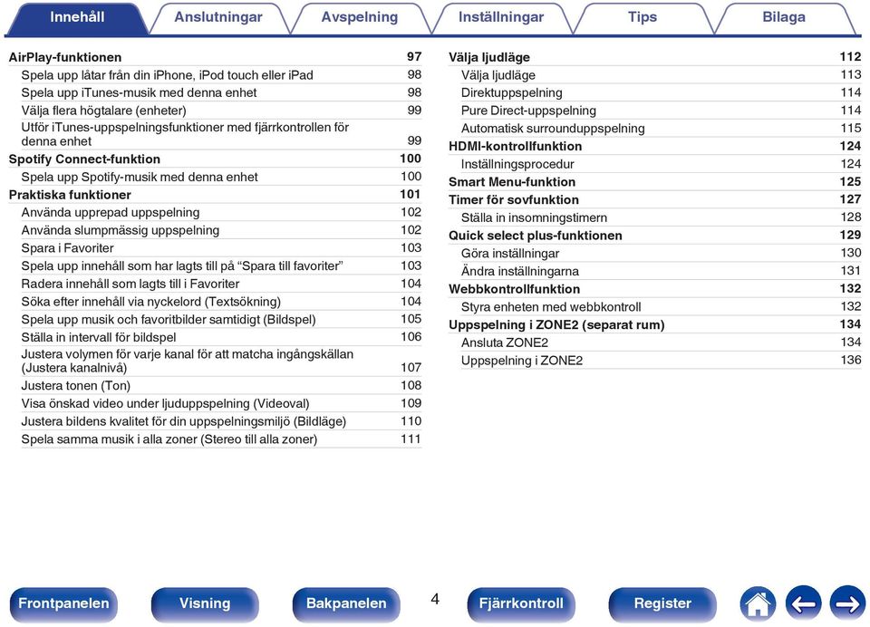102 Spara i Favoriter 103 Spela upp innehåll som har lagts till på Spara till favoriter 103 Radera innehåll som lagts till i Favoriter 104 Söka efter innehåll via nyckelord (Textsökning) 104 Spela
