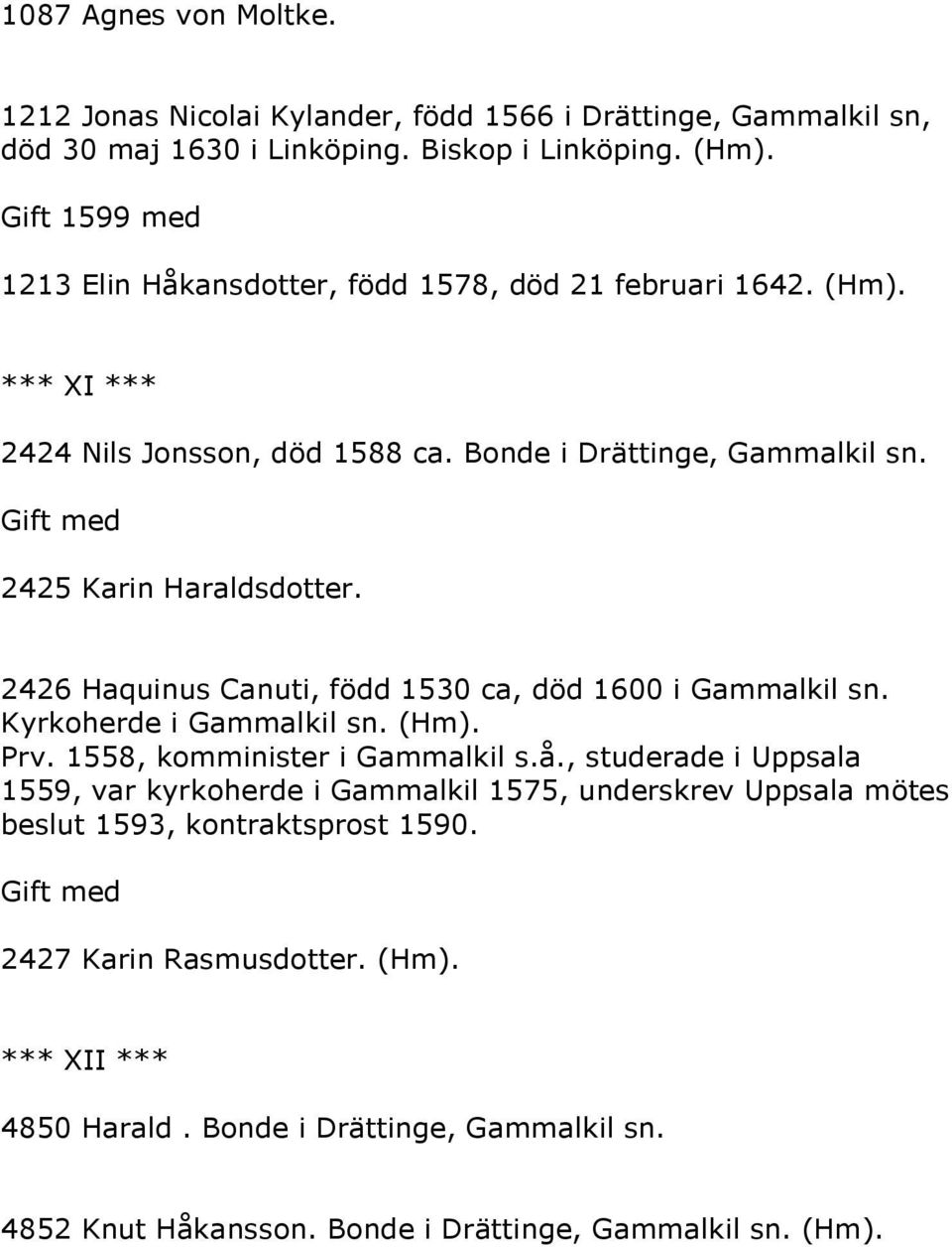 2426 Haquinus Canuti, född 1530 ca, död 1600 i Gammalkil sn. Kyrkoherde i Gammalkil sn. (Hm). Prv. 1558, komminister i Gammalkil s.å.