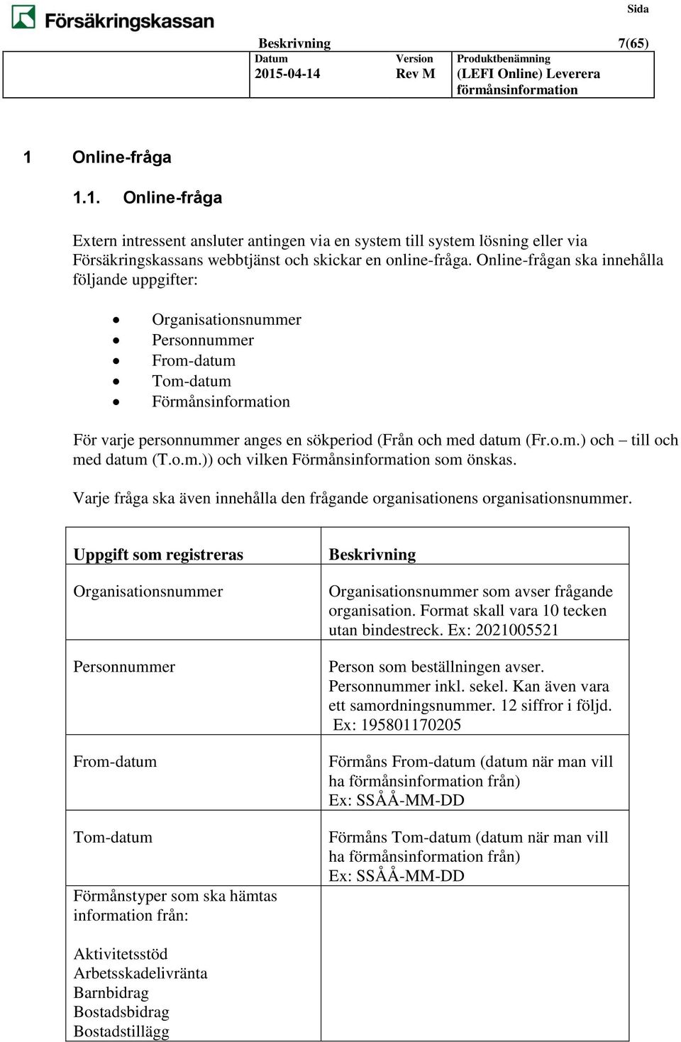 o.m.)) och vilken Förmånsinformation som önskas. Varje fråga ska även innehålla den frågande organisationens organisationsnummer.