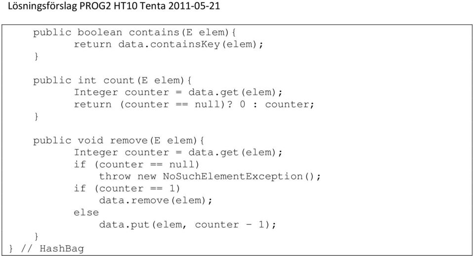 get(elem); return (counter == null)? 0 : counter; public void remove(e elem){ Integer counter = data.