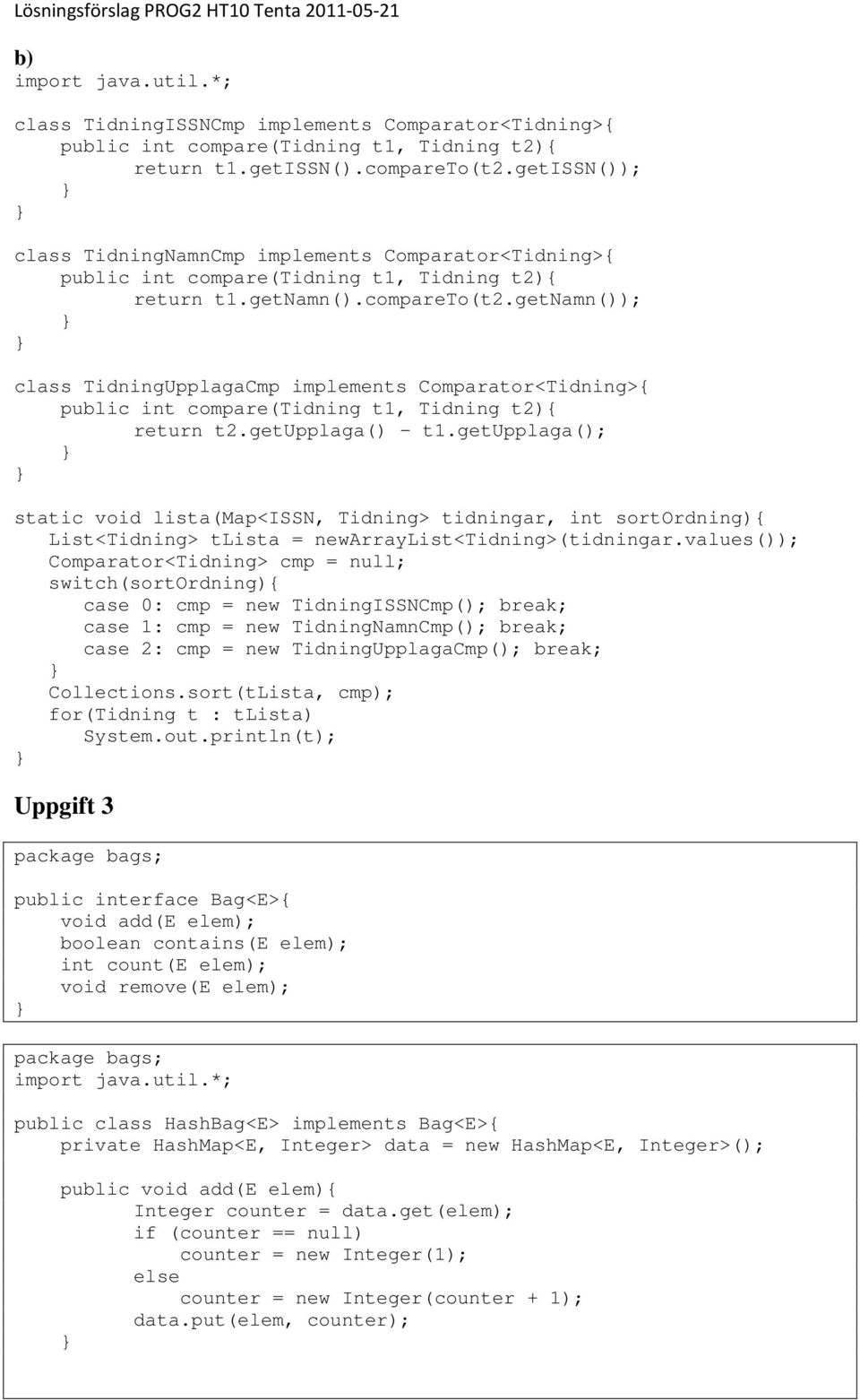 getnamn()); class TidningUpplagaCmp implements Comparator<Tidning>{ public int compare(tidning t1, Tidning t2){ return t2.getupplaga() - t1.