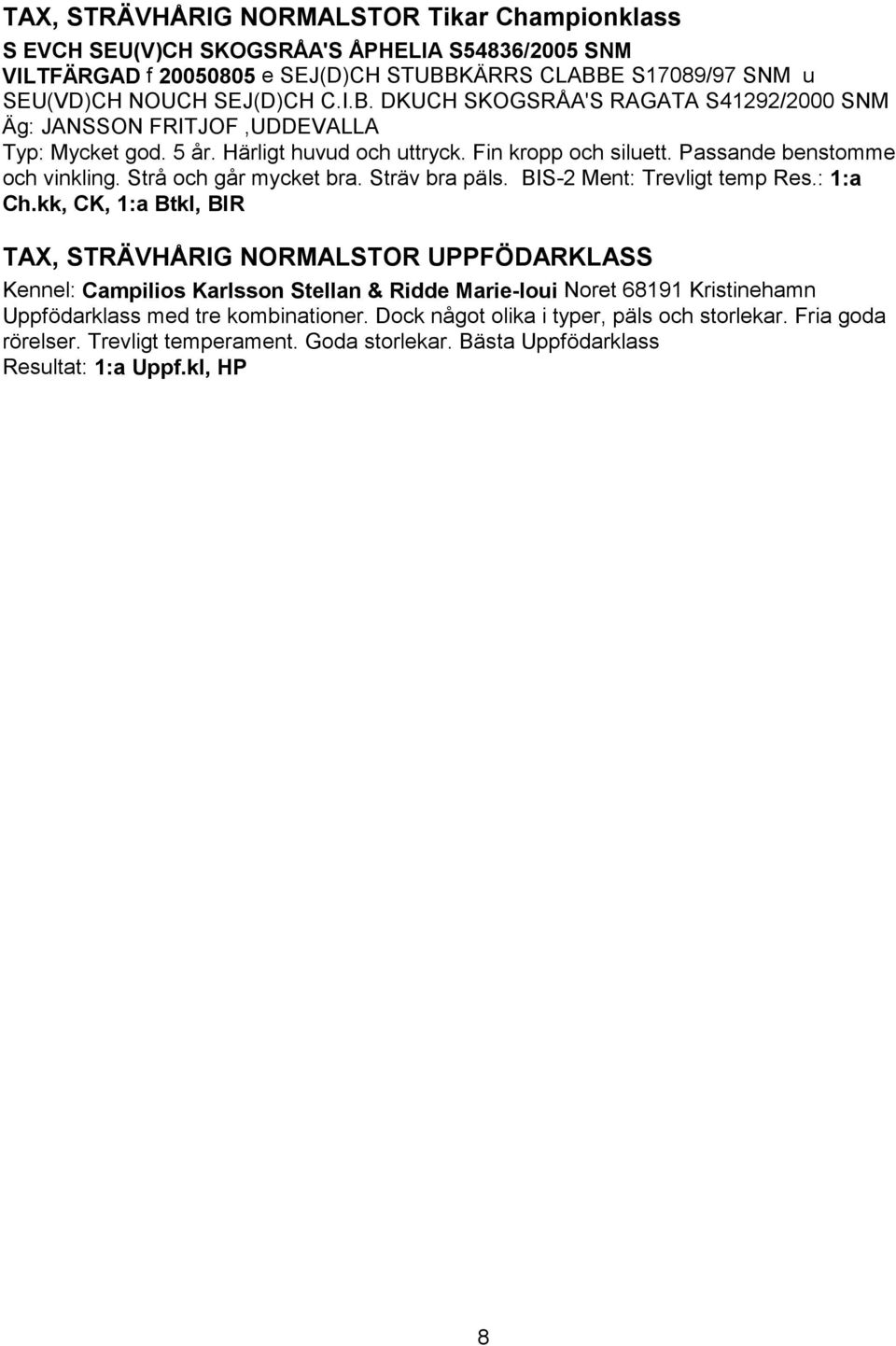 Fin kropp och siluett. Passande benstomme och vinkling. Strå och går mycket bra. Sträv bra päls. BIS-2 Ment: Trevligt temp Res.: 1:a Ch.