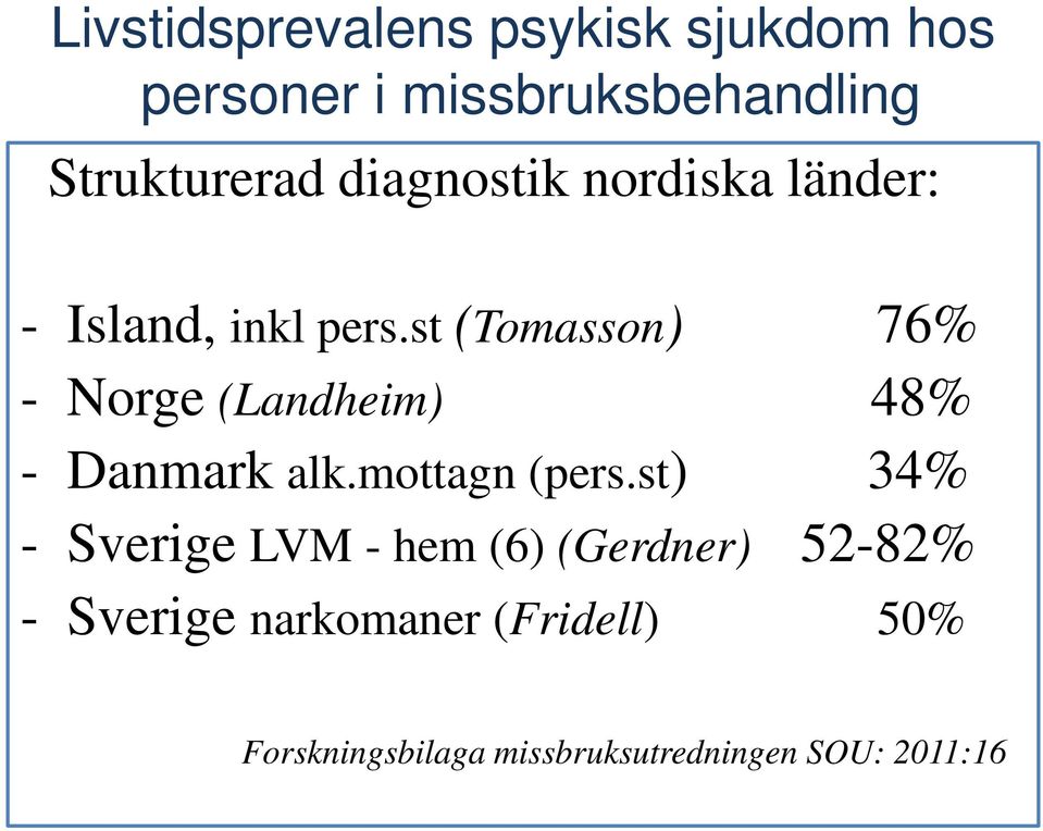 st (Tomasson) 76% - Norge (Landheim) 48% - Danmark alk.mottagn (pers.