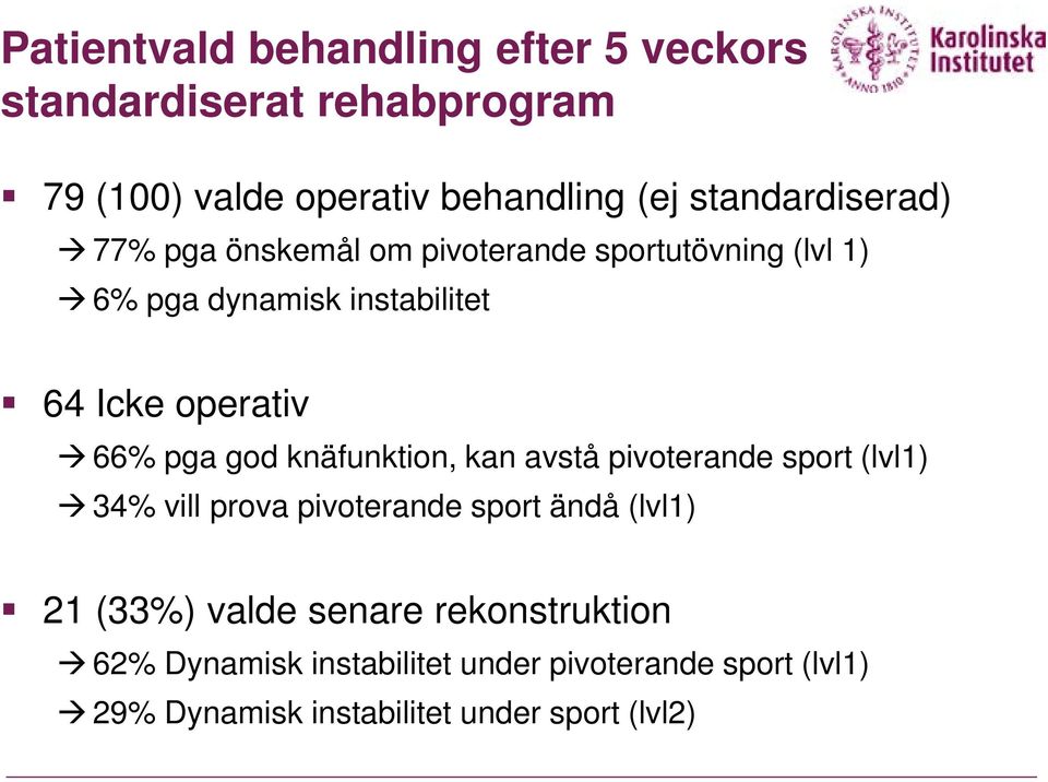 66% pga god knäfunktion, kan avstå pivoterande sport (lvl1) 34% vill prova pivoterande sport ändå (lvl1) 21 (33%)