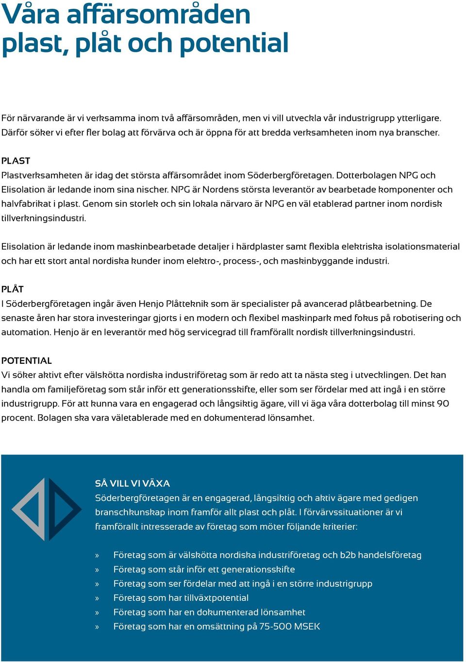 Dotterbolagen NPG och Elisolation är ledande inom sina nischer. NPG är Nordens största leverantör av bearbetade komponenter och halvfabrikat i plast.