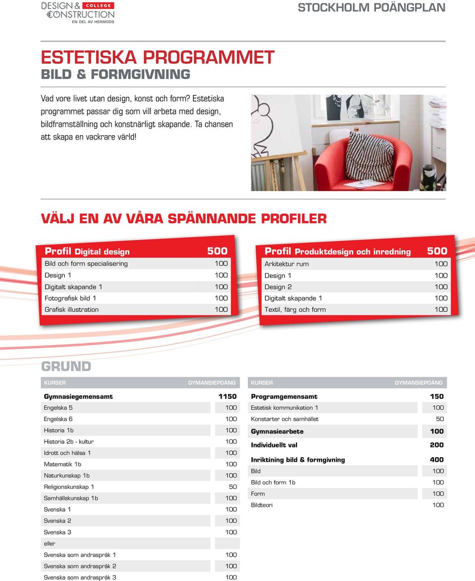 VÄLJ EN AV VÅRA SPÄNNANDE PROFILER Profil Digital design 500 Bild och form specialisering 100 Design 1 100 Digitalt skapande 1 100 Fotografisk bild 1 100 Grafisk illustration 100 Profil Produktdesign