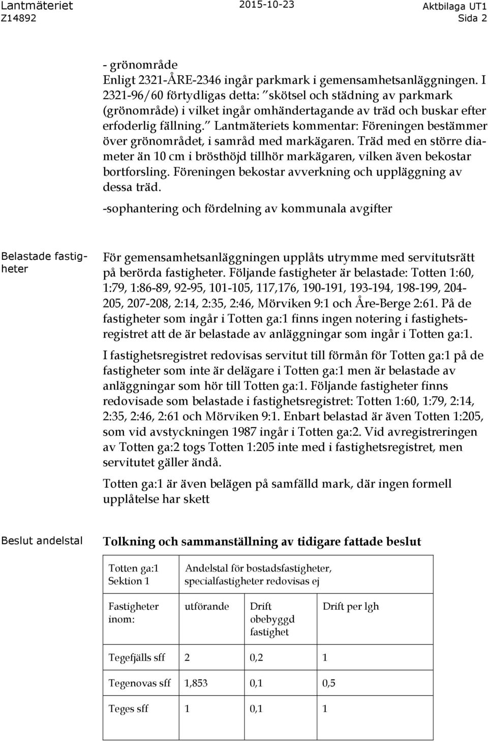 Lantmäteriets kommentar: Föreningen bestämmer över grönområdet, i samråd med markägaren. Träd med en större diameter än 10 cm i brösthöjd tillhör markägaren, vilken även bekostar bortforsling.