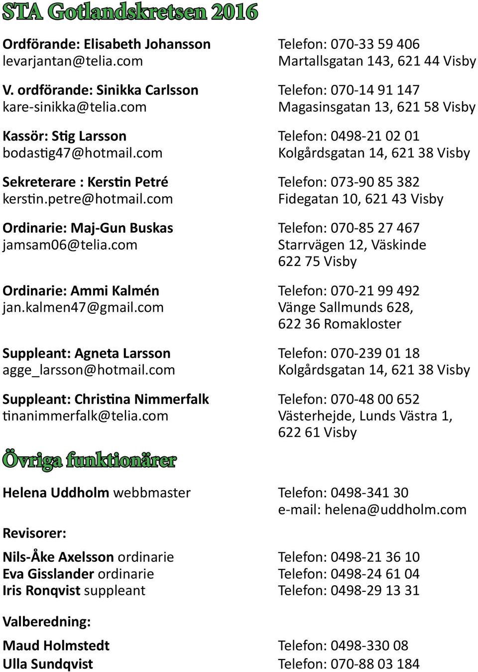 com Kolgårdsgatan 14, 621 38 Visby Sekreterare : Kerstin Petré Telefon: 073-90 85 382 kerstin.petre@hotmail.