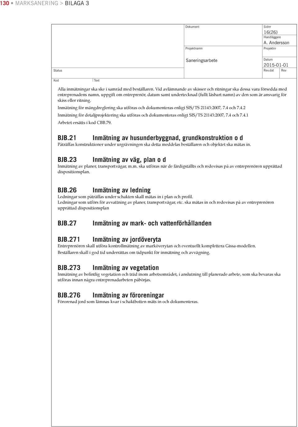 ritning. Inmätning för mängdreglering ska utföras och dokumenteras enligt SIS/TS 21143:2007, 7.4 och 7.4.2 Inmätning för detaljprojektering ska utföras och dokumenteras enligt SIS/TS 21143:2007, 7.