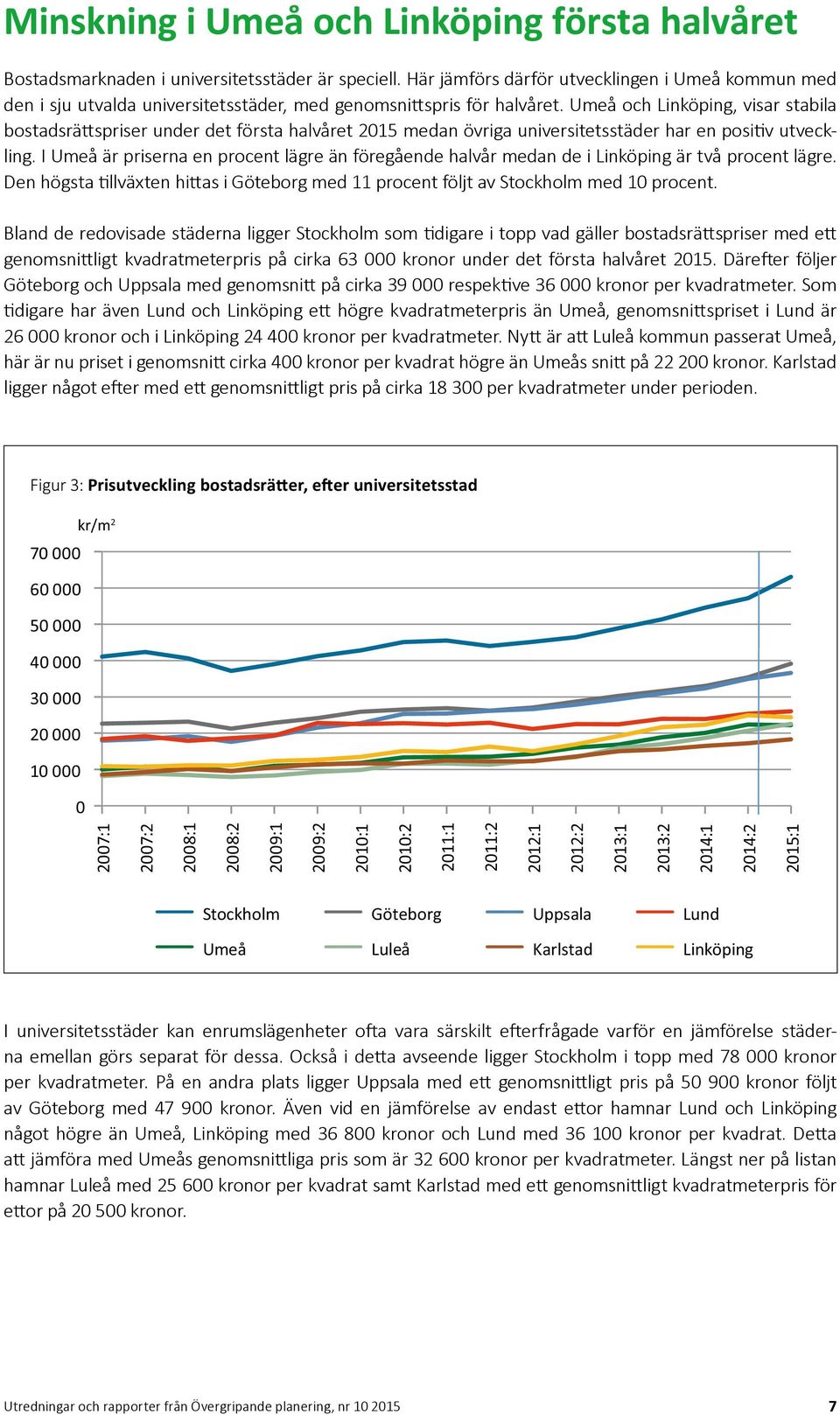 Umeå och Linköping, visar stabila bostadsrättspriser under det första halvåret 2015 medan övriga universitetsstäder har en positiv utveckling.
