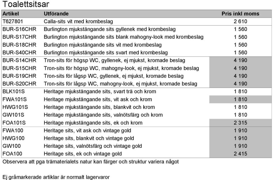BUR-S15CHR Tron-sits för högsp WC, mahogny-look, ej mjukst, kromade beslag BUR-S19CHR Tron-sits för lågsp WC, gyllenek, ej mjukst, kromade beslag BUR-S20CHR Tron-sits för lågsp WC, mahogny-look, ej