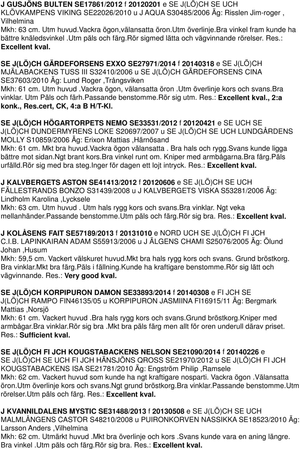 SE J(LÖ)CH GÄRDEFORSENS EXXO SE27971/2014 f 20140318 e SE J(LÖ)CH MJÄLABACKENS TUSS III S32410/2006 u SE J(LÖ)CH GÄRDEFORSENS CINA SE37603/2010 Äg: Lund Roger,Trångsviken Mkh: 61 cm. Utm huvud.