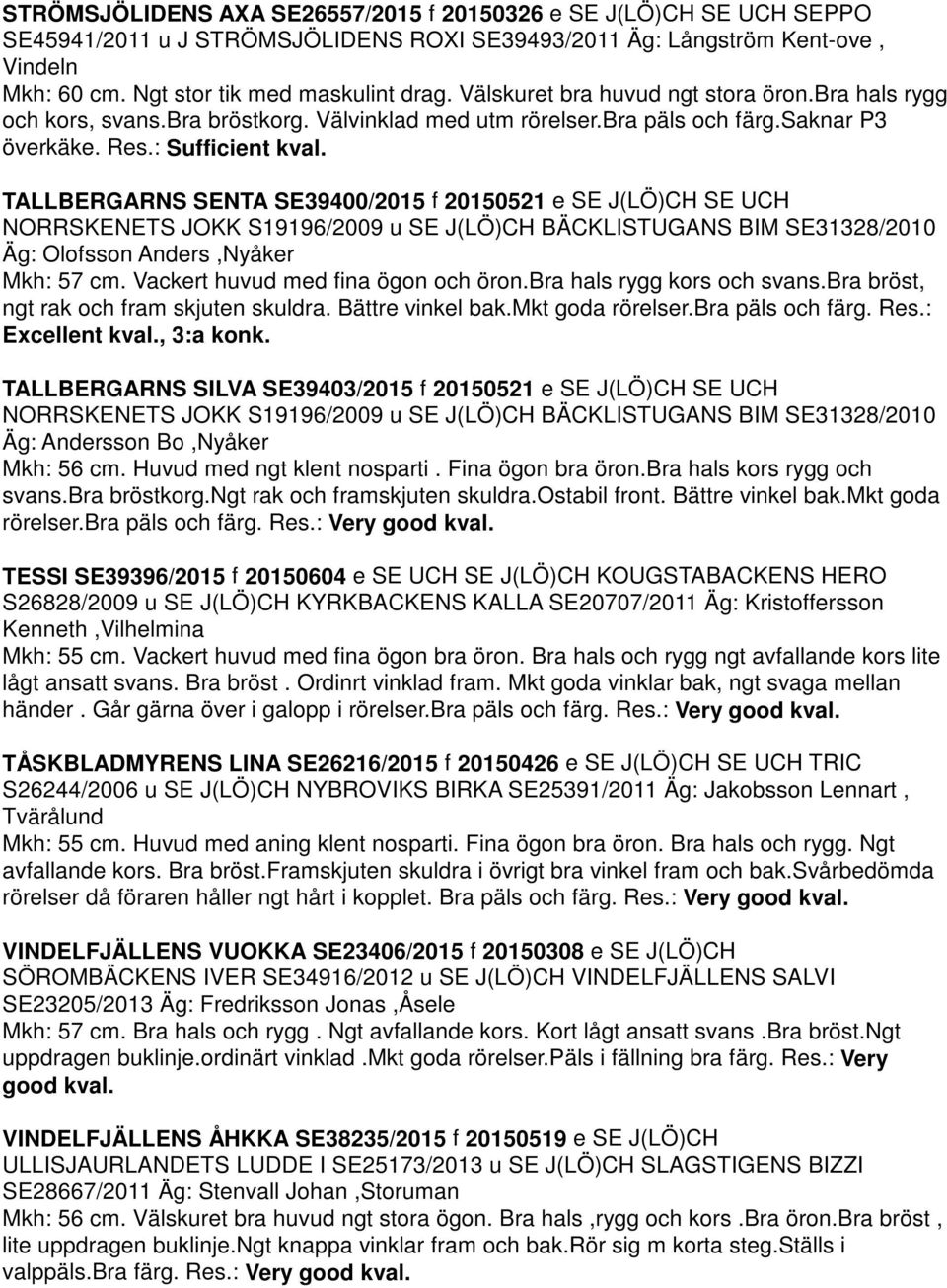 TALLBERGARNS SENTA SE39400/2015 f 20150521 e SE J(LÖ)CH SE UCH NORRSKENETS JOKK S19196/2009 u SE J(LÖ)CH BÄCKLISTUGANS BIM SE31328/2010 Äg: Olofsson Anders,Nyåker Mkh: 57 cm.
