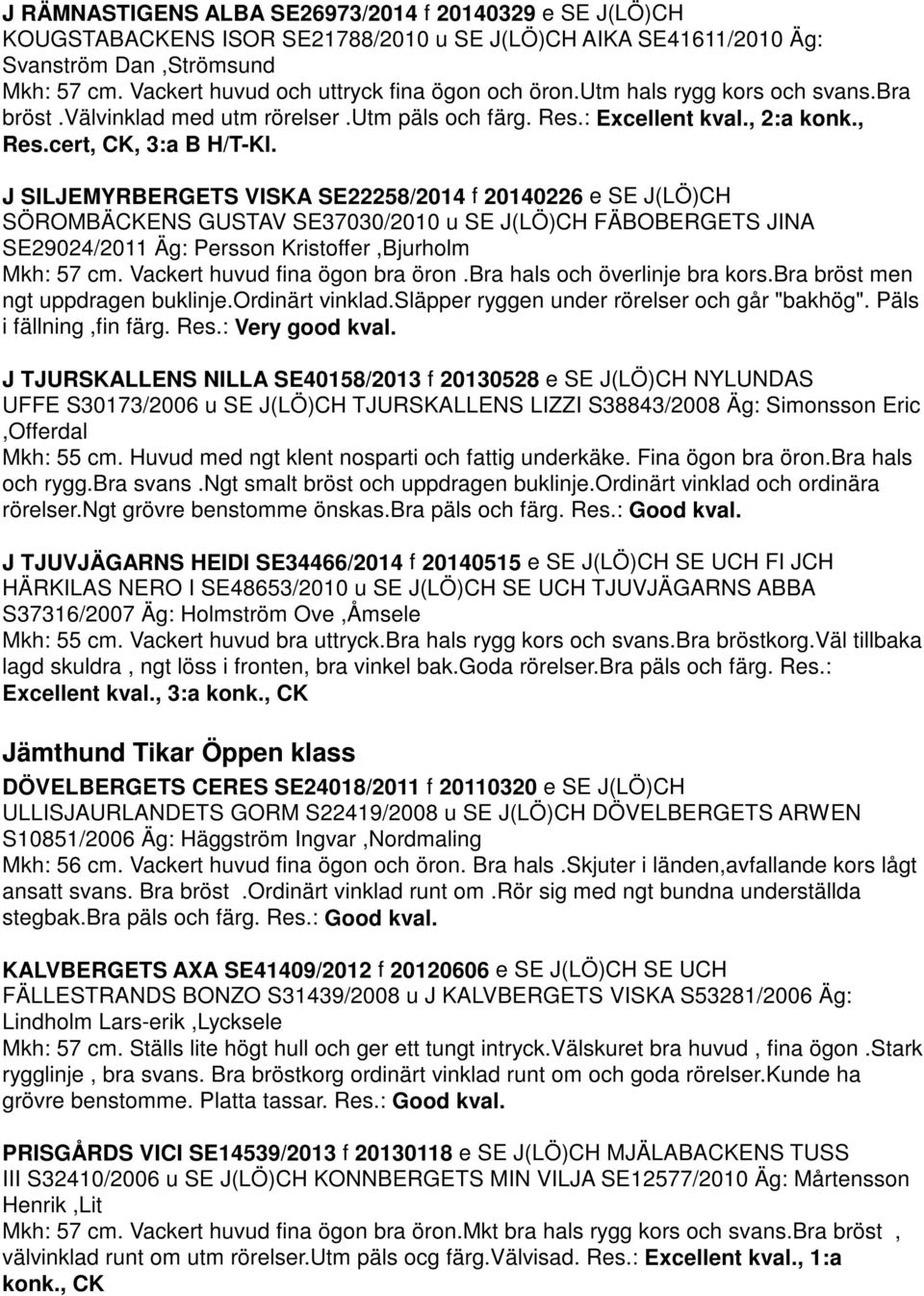 J SILJEMYRBERGETS VISKA SE22258/2014 f 20140226 e SE J(LÖ)CH SÖROMBÄCKENS GUSTAV SE37030/2010 u SE J(LÖ)CH FÄBOBERGETS JINA SE29024/2011 Äg: Persson Kristoffer,Bjurholm Mkh: 57 cm.
