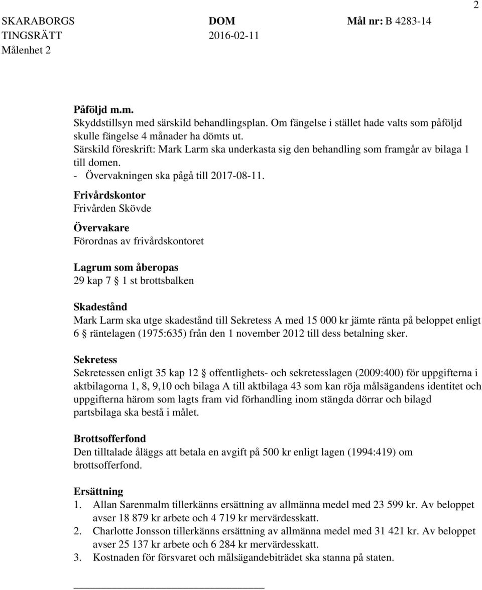 Frivårdskontor Frivården Skövde Övervakare Förordnas av frivårdskontoret Lagrum som åberopas 29 kap 7 1 st brottsbalken Skadestånd Mark Larm ska utge skadestånd till Sekretess A med 15 000 kr jämte