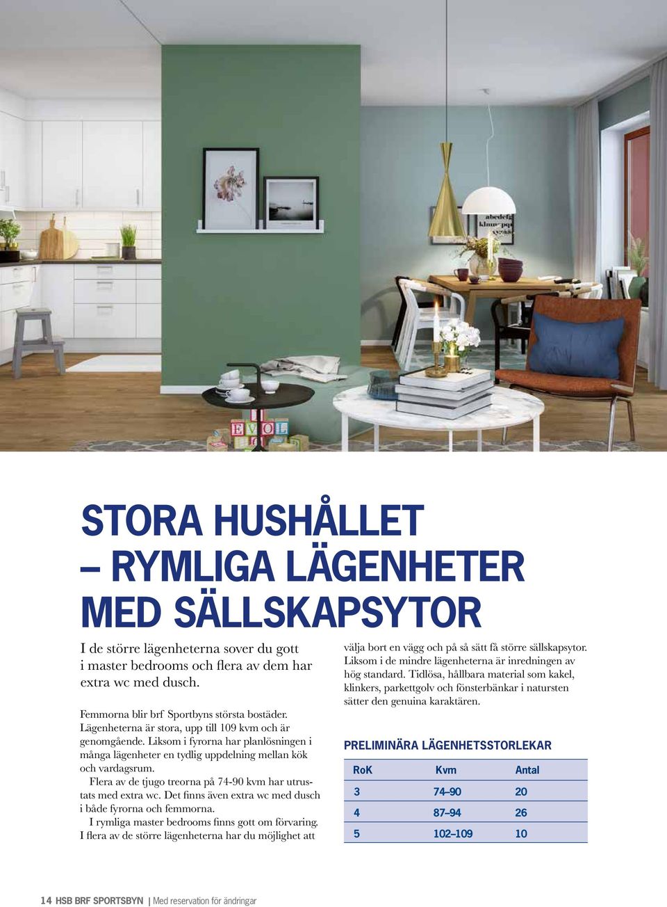Flera av de tjugo treorna på 74-90 kvm har utrustats med extra wc. Det finns även extra wc med dusch i både fyrorna och femmorna. I rymliga master bedrooms finns gott om förvaring.