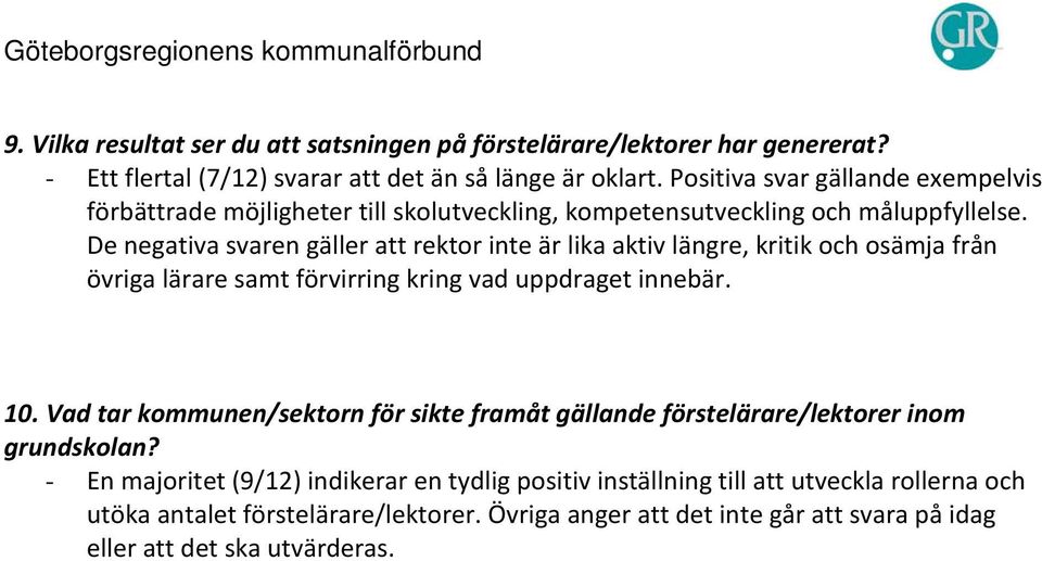 De negativa svaren gäller att rektor inte är lika aktiv längre, kritik och osämja från övriga lärare samt förvirring kring vad