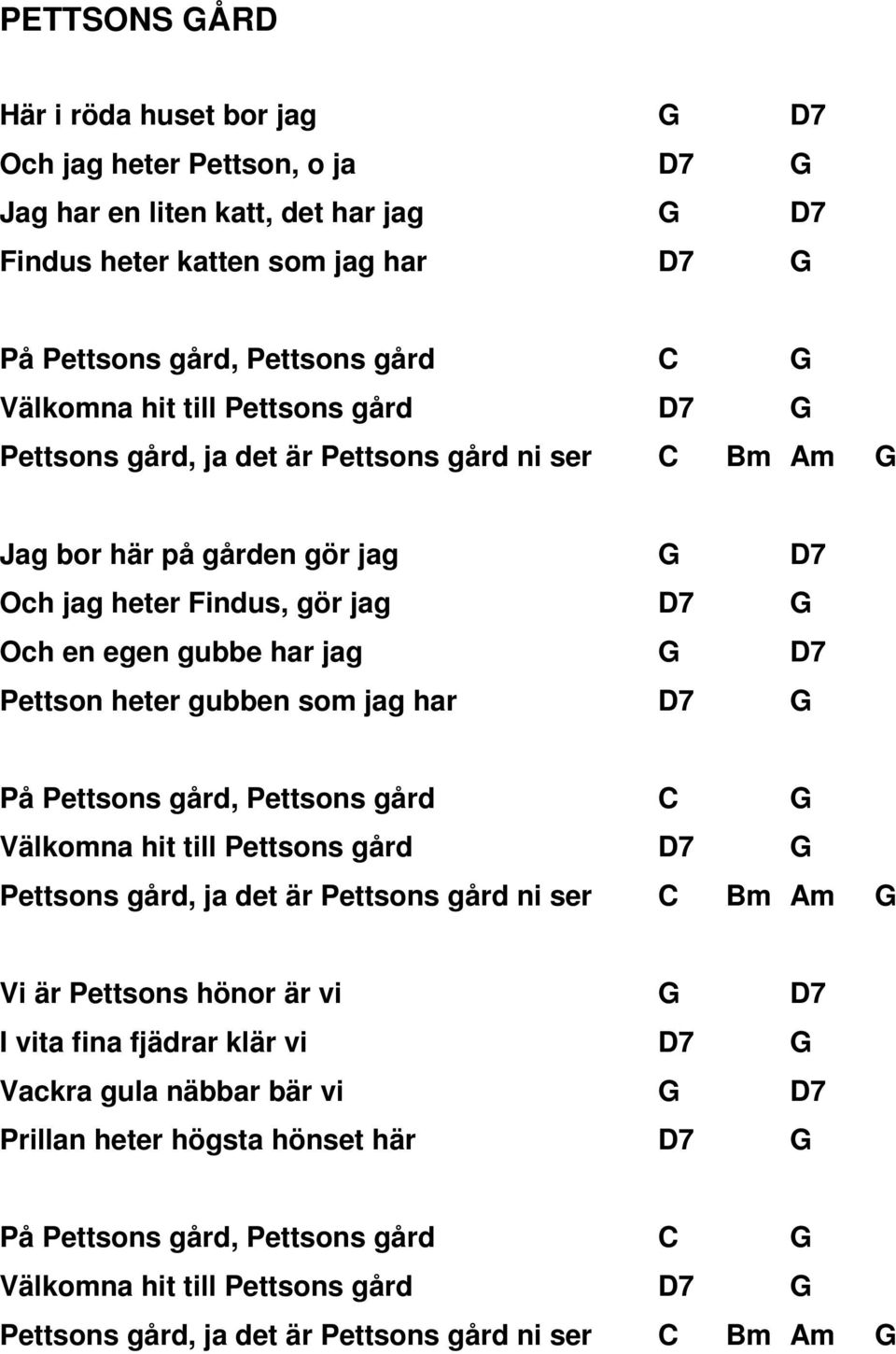 som jag har D7 På Pettsons gård, Pettsons gård C Välkomna hit till Pettsons gård D7 Pettsons gård, ja det är Pettsons gård ni ser C Bm Am Vi är Pettsons hönor är vi D7 I vita fina fjädrar klär