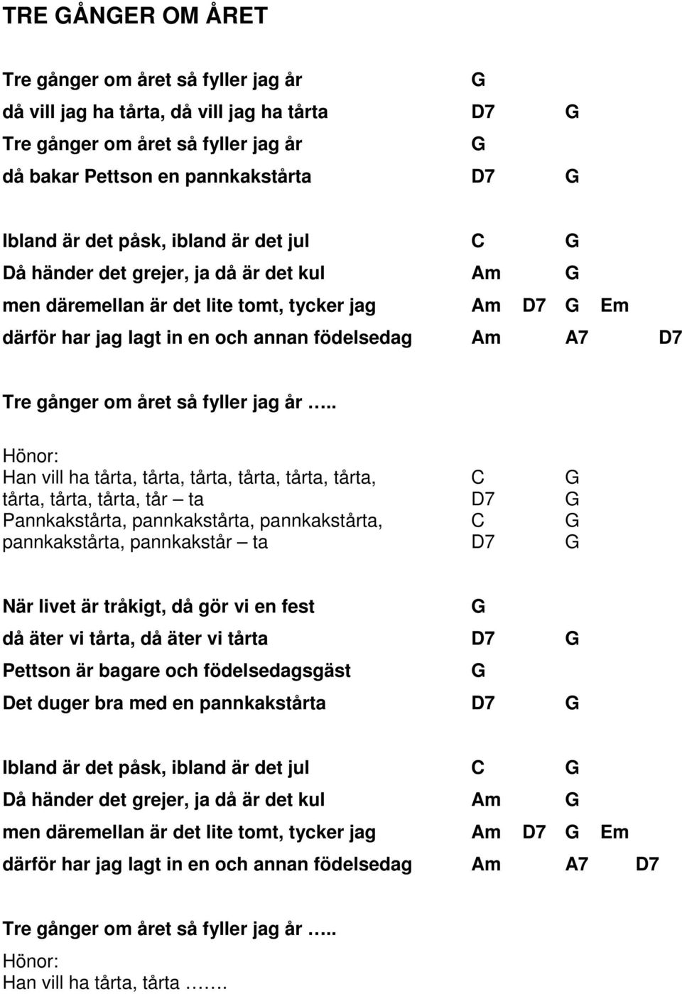 . Hönor: Han vill ha tårta, tårta, tårta, tårta, tårta, tårta, C tårta, tårta, tårta, tår ta D7 Pannkakstårta, pannkakstårta, pannkakstårta, C pannkakstårta, pannkakstår ta D7 När livet är tråkigt,