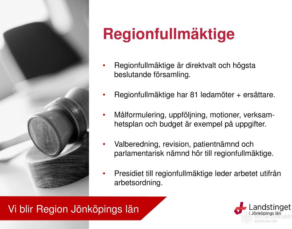 Målformulering, uppföljning, motioner, verksamhetsplan och budget är exempel på uppgifter.