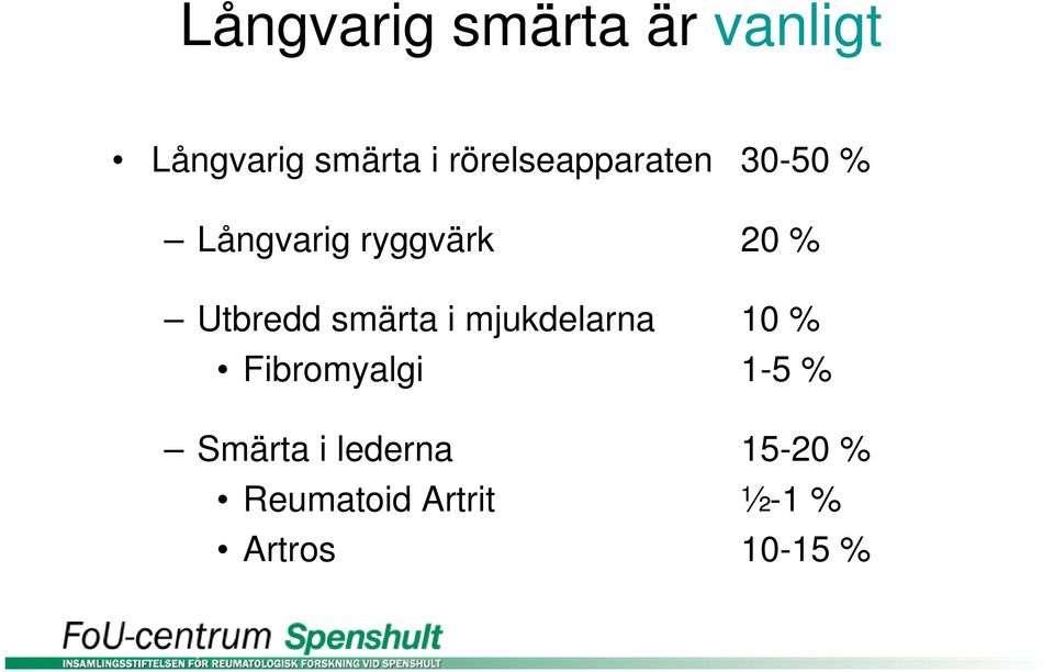 Utbredd smärta i mjukdelarna 10 % Fibromyalgi 1-5 %