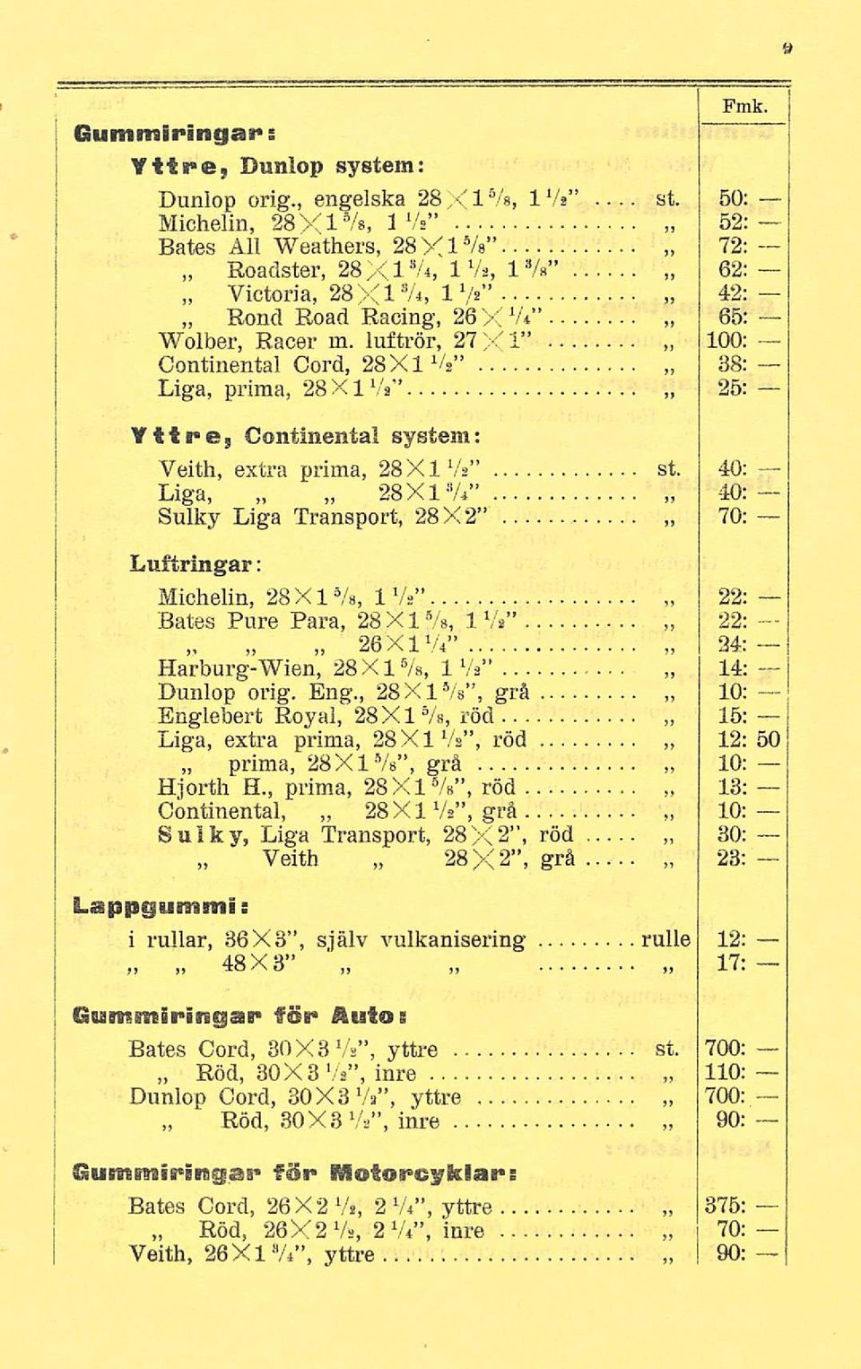 luftrör, 27)<1 Continental Cord, 28X1 Vs Liga, prima, 28 XI Va Fmk. 50: 52: 72: 62: 42: 65: 100: 38: 25: Yll b e 5 Continental system; Veith, extra prima, 28X1 Vs st.