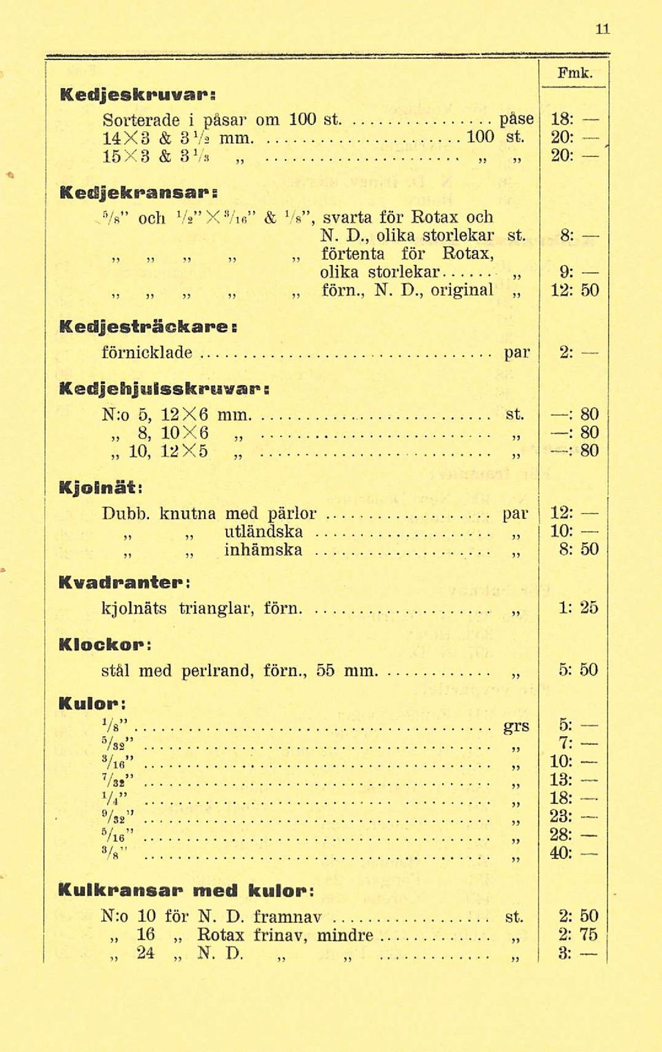 , original 9: 12: 50 Kedjesträckare s förnicklade par 2: Kedjehjuisskruvar: Kjolnät: N:o 5, 12X6 mm st. : 80 : 8, 10X6 80 10, 12X5 : 80 Dubb.