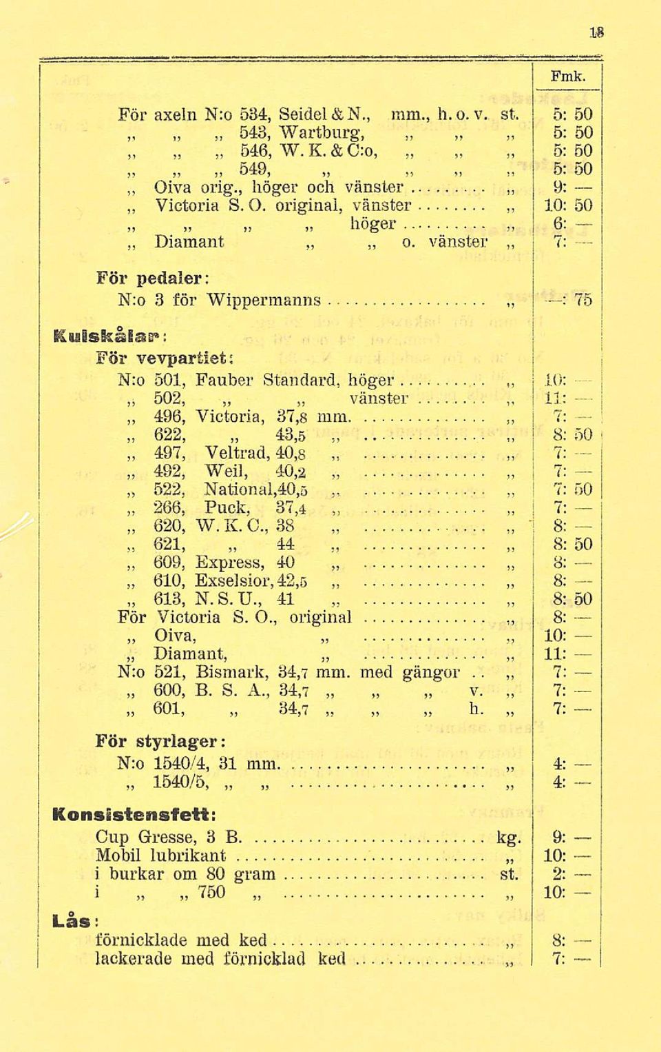 vänster 7: För pedaler: N:o 3 för Wippermanns : 75 Ktaiskålas": För vevpartiet; 10: N:o 501, Fauber Standard, höger 502, vänster 496, Victoria, 37,8 mm 11: 622, 497, 43,6 40,8 7: 8; 50 7: Veltrad,