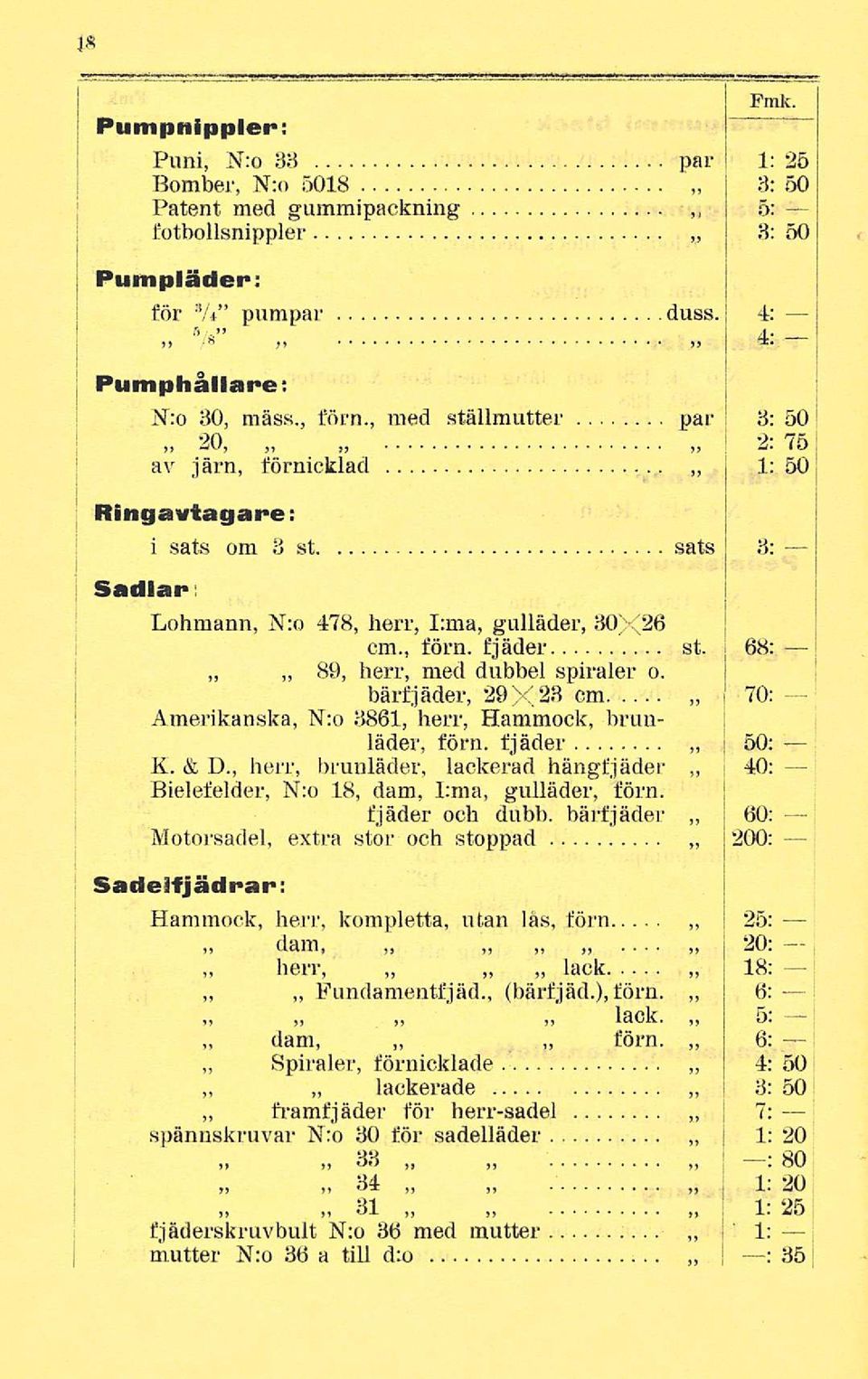 68: 89, herr, med dubbel spiraler o. bärfjäder, 29X 23 cm 70: Amerikanska, N:o 3861, herr, Hammock, brunläder, förn. fjäder 50; K. & D.
