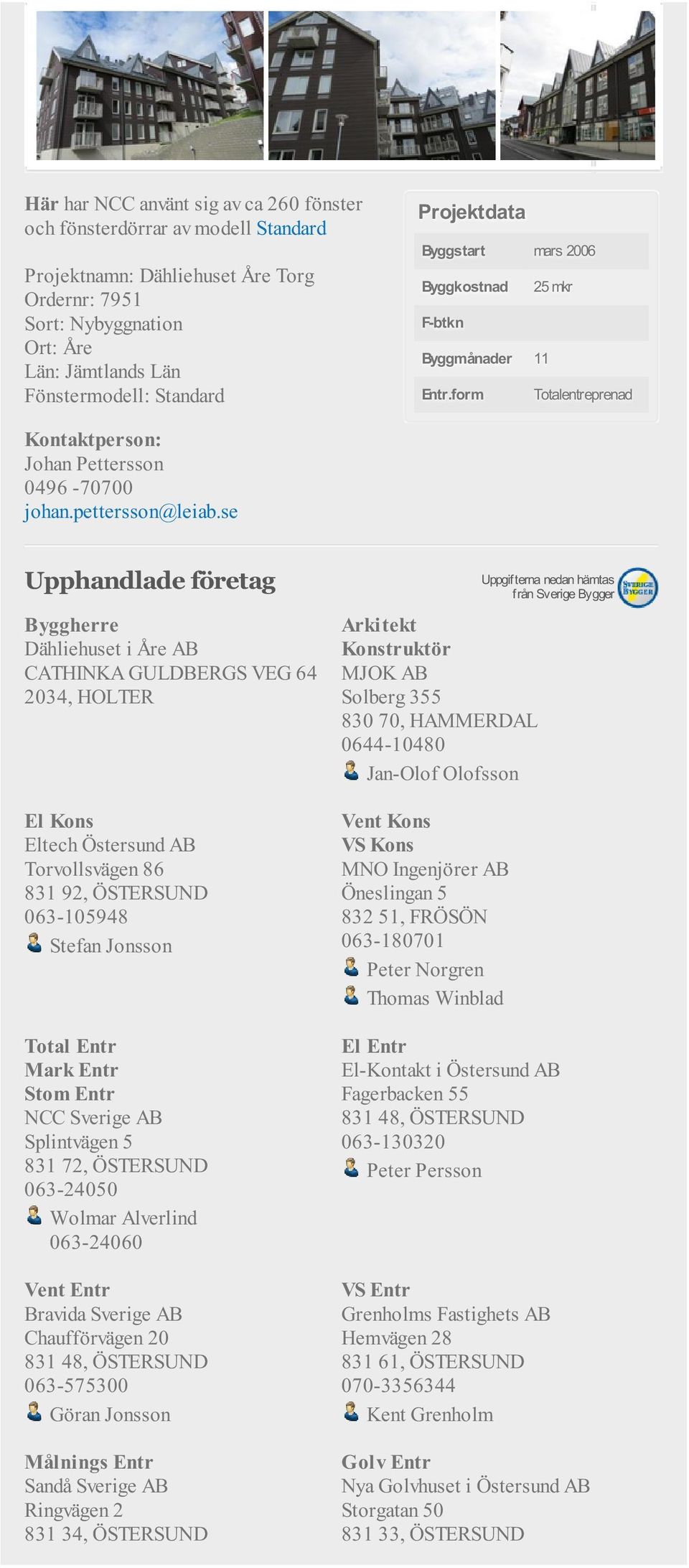 form Totalentreprenad Dähliehuset i Åre AB CATHINKA GULDBERGS VEG 64 2034, HOLTER Eltech Östersund AB Torvollsvägen 86 831 92, ÖSTERSUND 063-105948 Stefan Jonsson Mark Entr Stom Entr NCC Sverige AB