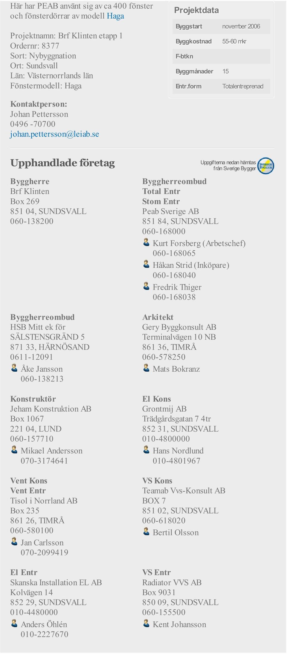 form Totalentreprenad Brf Klinten Box 269 851 04, SUNDSVALL 060-138200 ombud HSB Mitt ek för SÄLSTENSGRÄND 5 871 33, HÄRNÖSAND 0611-12091 Åke Jansson 060-138213 Konstruktör Jeham Konstruktion AB Box