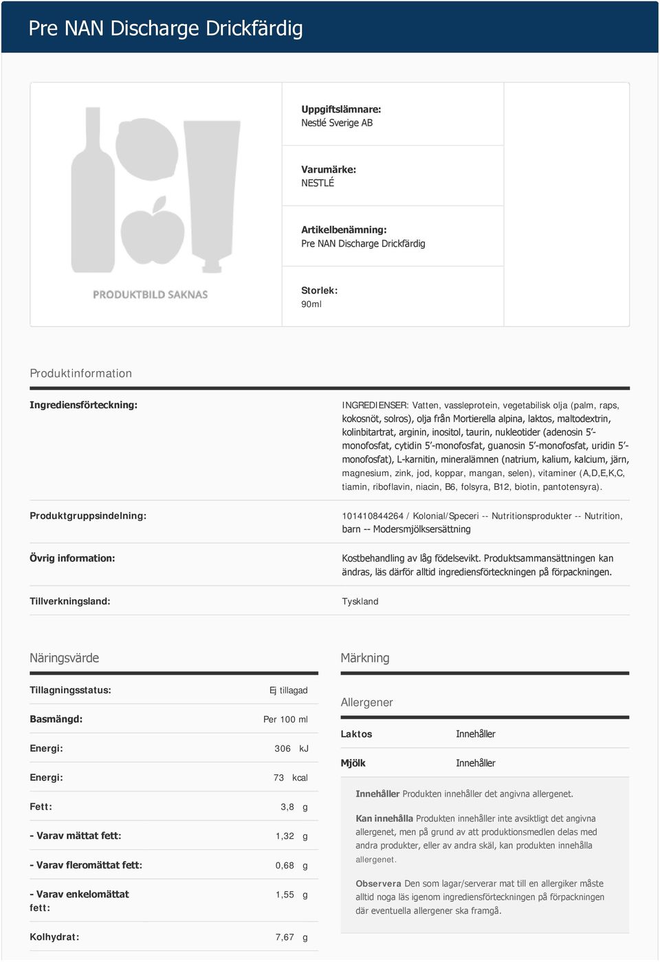 uridin 5 monofosfat), L karnitin, mineralämnen (natrium, kalium, kalcium, järn, magnesium, zink, jod, koppar, mangan, selen), vitaminer (A,D,E,K,C, tiamin, riboflavin, niacin, B6, folsyra, B12,