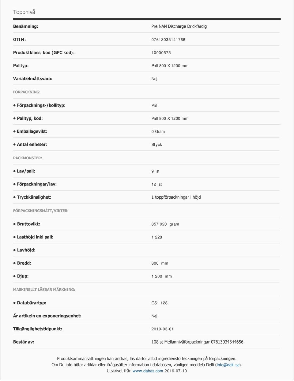 Lasthöjd inkl pall: 1 228 Lavhöjd: Bredd: 800 mm Djup: 1 200 mm MASKINELLT LÄSBAR MÄRKNING: Databärartyp: GS1 128 Är artikeln en exponeringsenhet: Tillgänglighetstidpunkt: 2010-03-01 Består av: 108