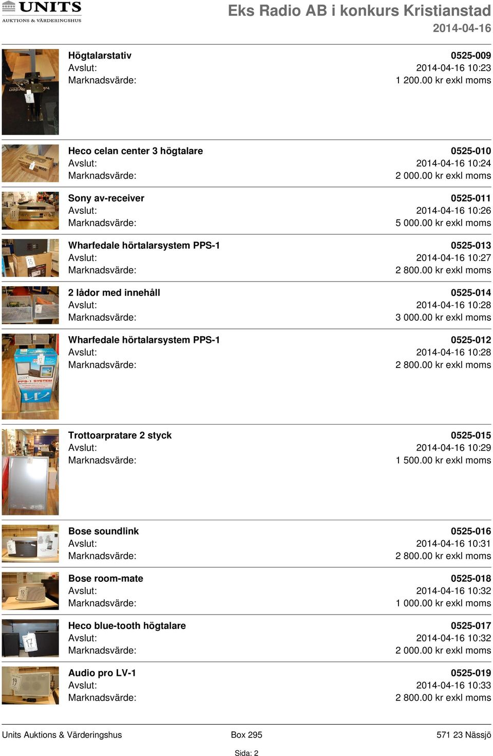 Avslut: 10:27 2 800.00 kr exkl moms 2 lådor med innehåll 0525-014 Avslut: 10:28 Wharfedale hörtalarsystem PPS-1 0525-012 Avslut: 10:28 2 800.