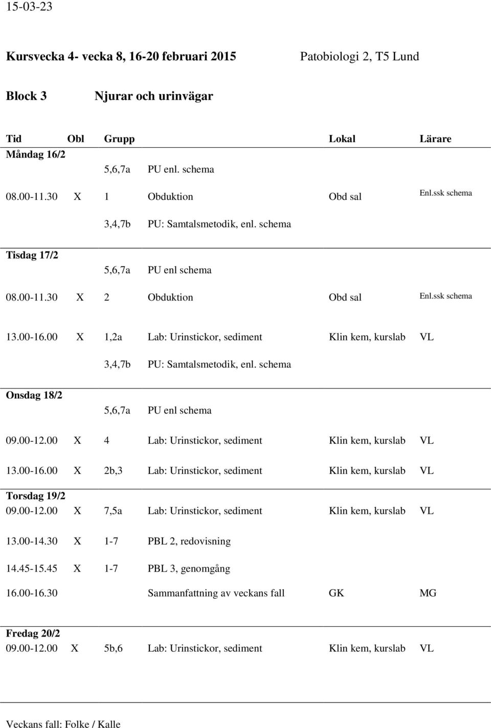 schema Onsdag 18/2 5,6,7a PU enl schema 09.00-12.00 X 4 Lab: Urinstickor, sediment Klin kem, kurslab VL 13.00-16.00 X 2b,3 Lab: Urinstickor, sediment Klin kem, kurslab VL Torsdag 19/2 09.00-12.00 X 7,5a Lab: Urinstickor, sediment Klin kem, kurslab VL 13.