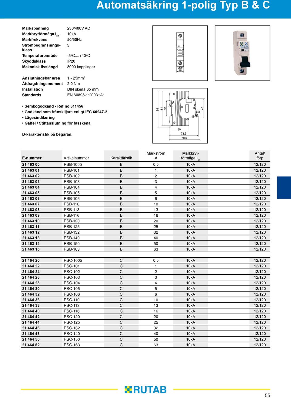 enligt IEC 60947-2 Lägesindikering Gaffel / Stiftanslutning för fasskena 86 81 36 6.5 45 D-karakteristik på begäran. 50 73.5 78.