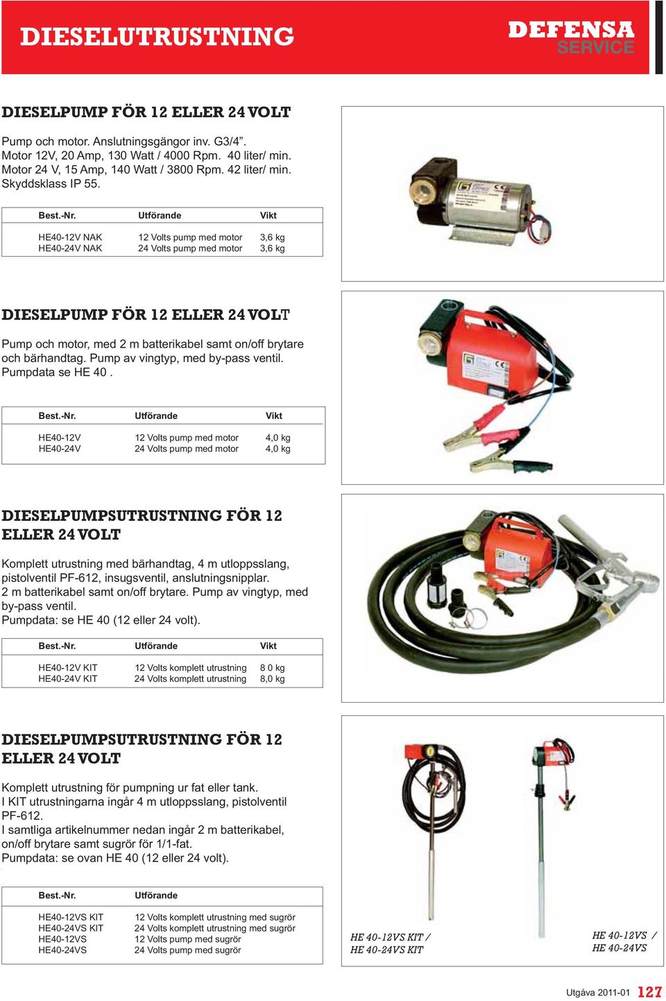 Vikt HE40-12V NAK 12 Volts pump med motor 3,6 kg HE40-24V NAK 24 Volts pump med motor 3,6 kg DIESELPUMP FÖR 12 ELLER 24 VOLT Pump och motor, med 2 m batterikabel samt on/off brytare och bärhandtag.