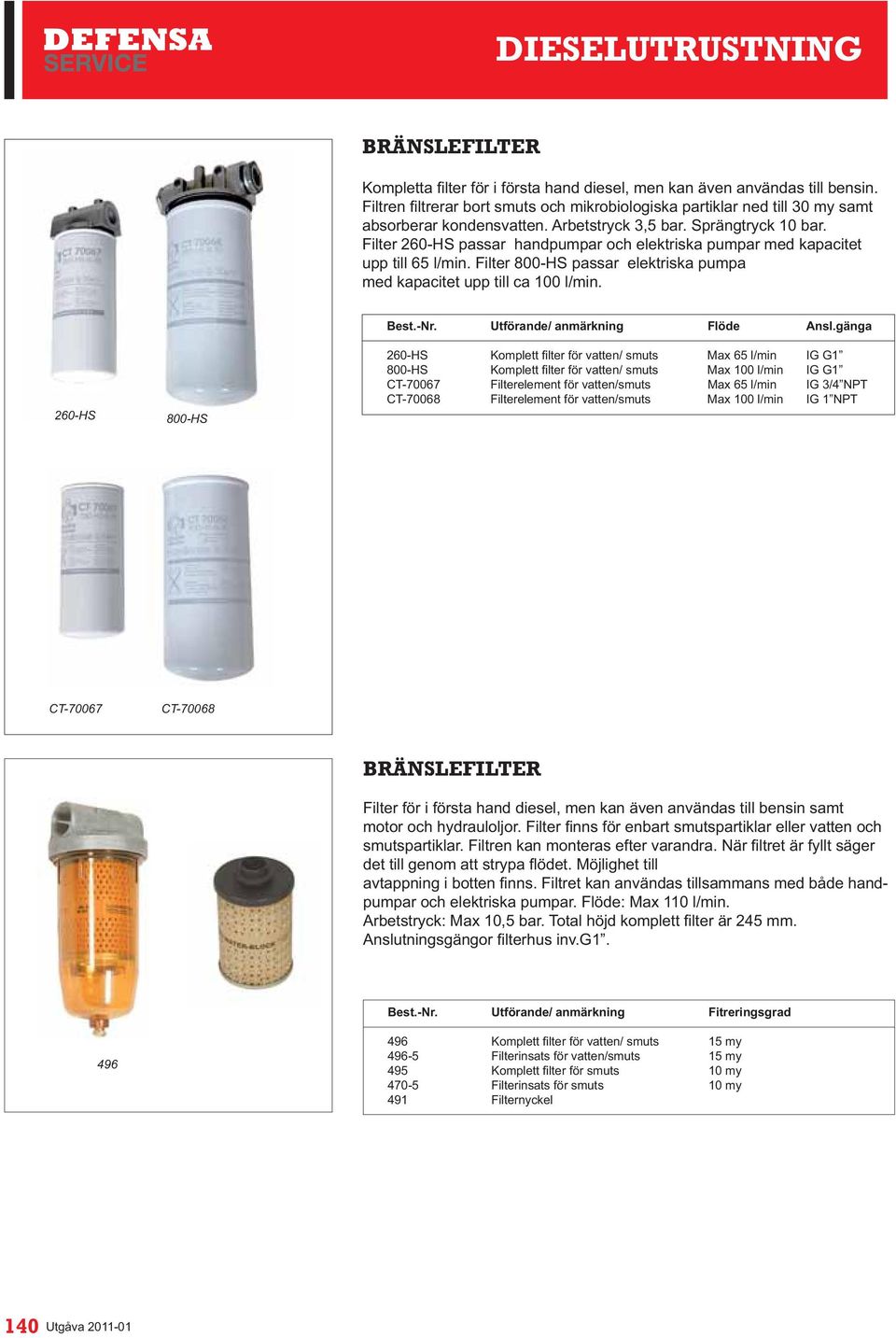 gänga CT-70067 Filterelement för vatten/smuts Max 65 l/min IG 3/4 NPT CT-70068 Filterelement för vatten/smuts Max 100 l/min IG 1 NPT CT-70067 CT-70068 BRÄNSLEFILTER Filter för i