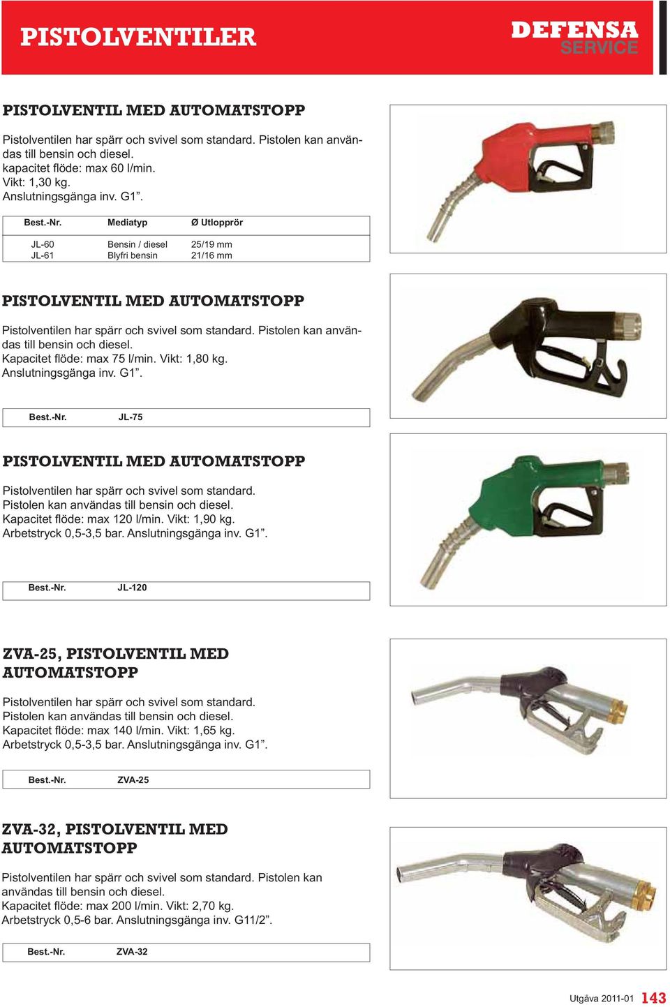 Pistolen kan användas till bensin och diesel. Anslutningsgänga inv. G1. JL-75 PISTOLVENTIL MED AUTOMATSTOPP Pistolventilen har spärr och svivel som standard.