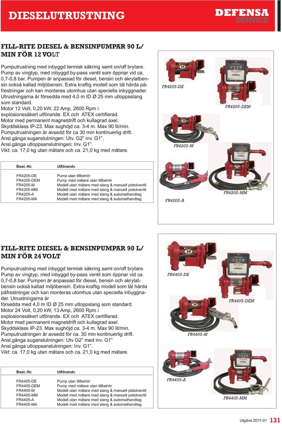 Utrustningarna är försedda med 4,0 m ID Ø 25 mm utloppsslang som standard. Motor 12 Volt, 0,20 kw, 22 Amp, 2600 Rpm i Motor med permanent magnetdrift och kullagrad axel. Skyddsklass IP-23.