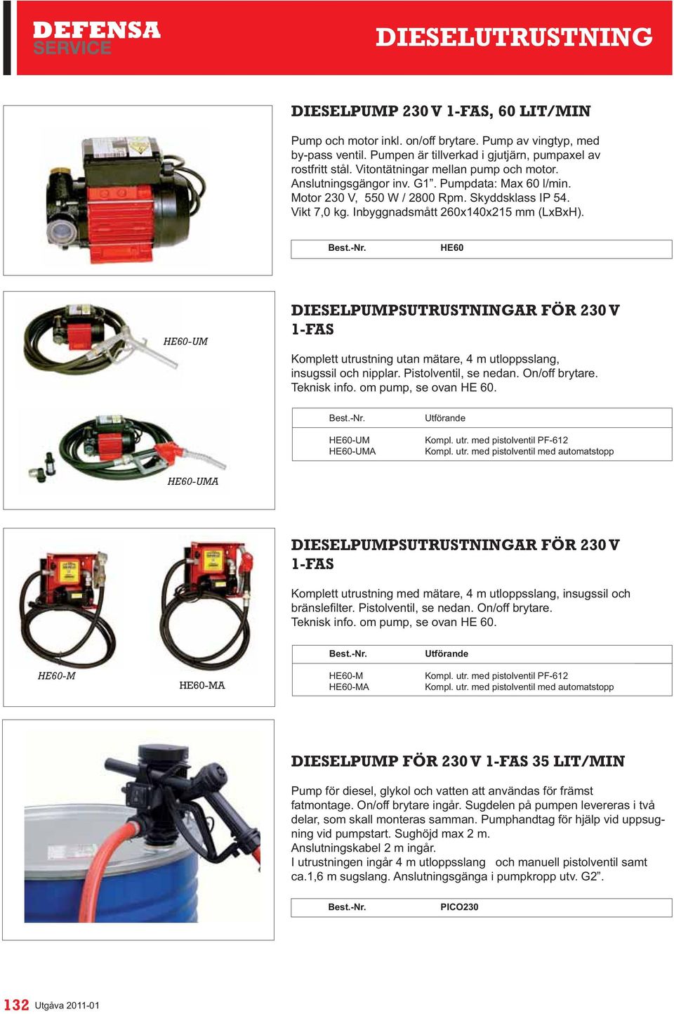 HE60 HE60-UM DIESELPUMPSUTRUSTNINGAR FÖR 230 V 1-FAS Komplett utrustning utan mätare, 4 m utloppsslang, insugssil och nipplar. Pistolventil, se nedan. On/off brytare. Teknisk info.